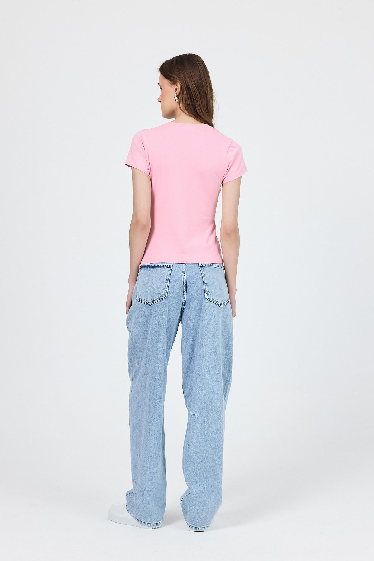 Pembe Slim Fit Bisiklet Yaka Kısa Kollu Tişört 2214 - 6