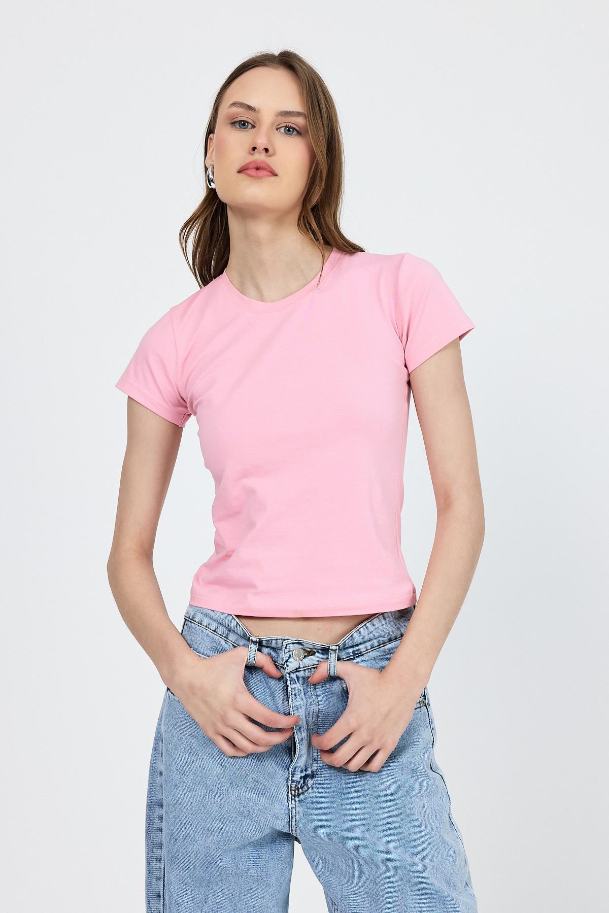 Pembe Slim Fit Bisiklet Yaka Kısa Kollu Tişört 2214 