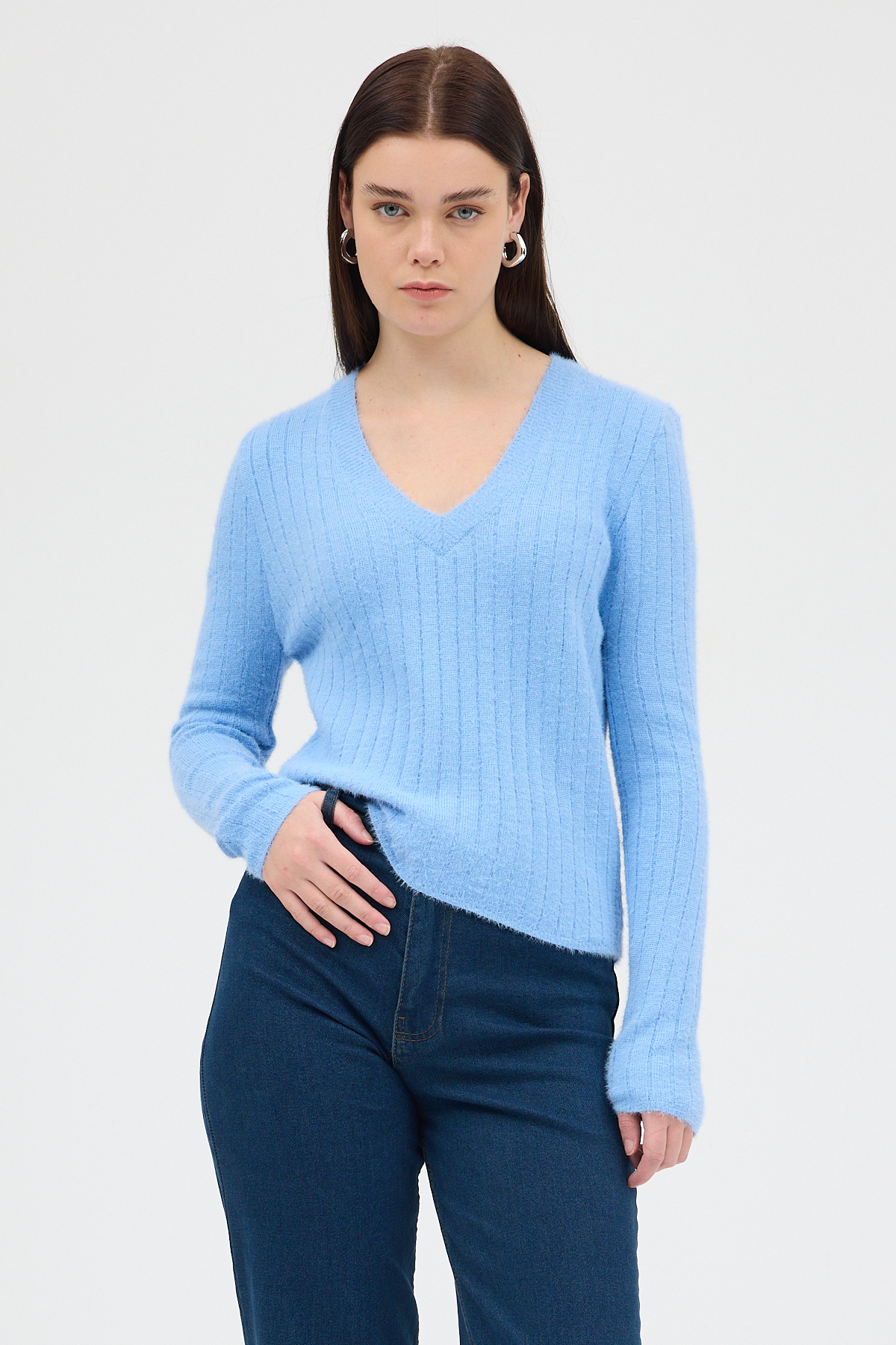 Bebe Mavi V Yaka Triko Kadın Kazak 2217 - RAYS