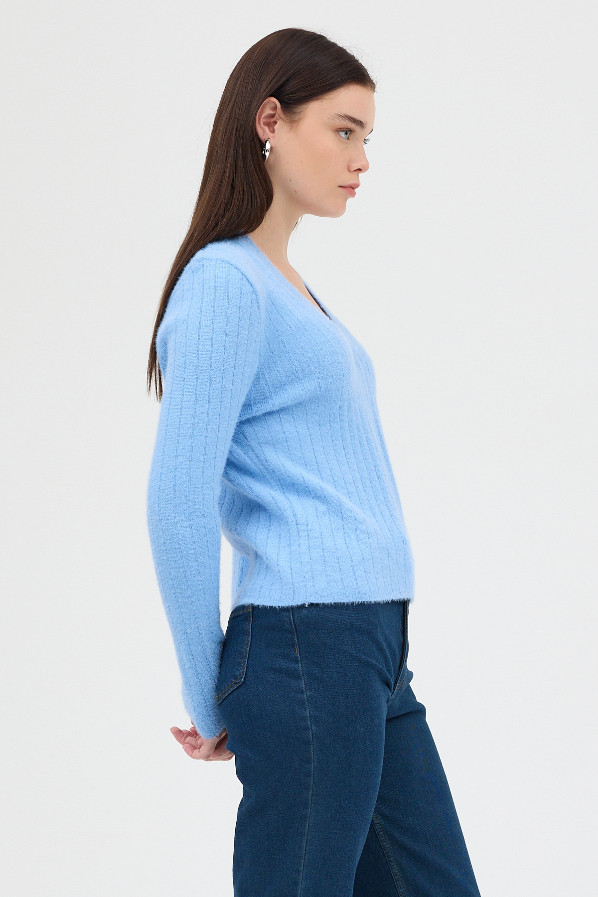 Bebe Mavi V Yaka Triko Kadın Kazak 2217 - RAYS