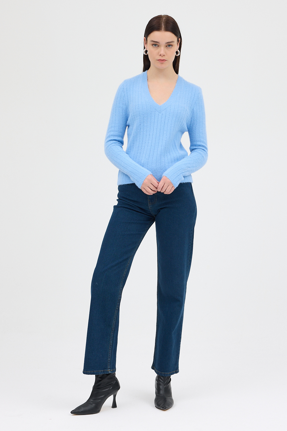 Bebe Mavi V Yaka Triko Kadın Kazak 2217 - 3