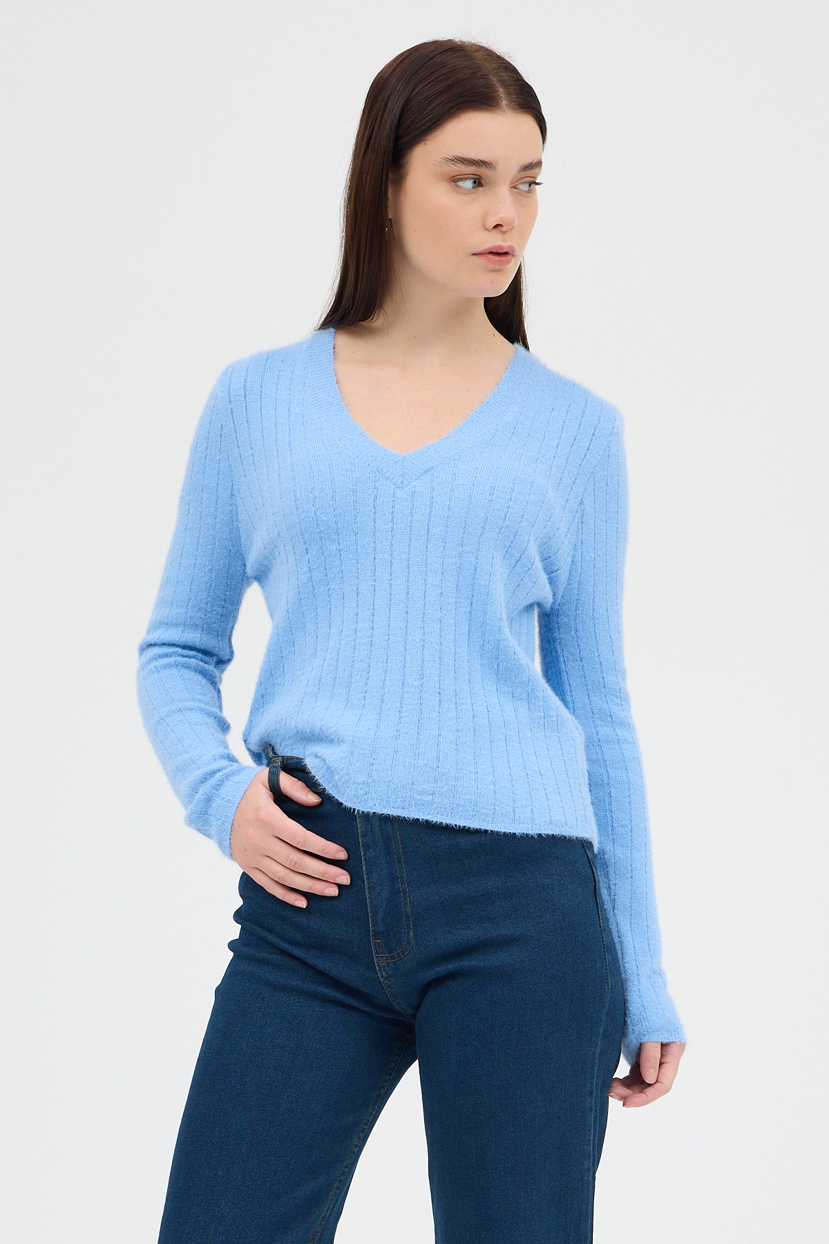 Bebe Mavi V Yaka Triko Kadın Kazak 2217 - 7
