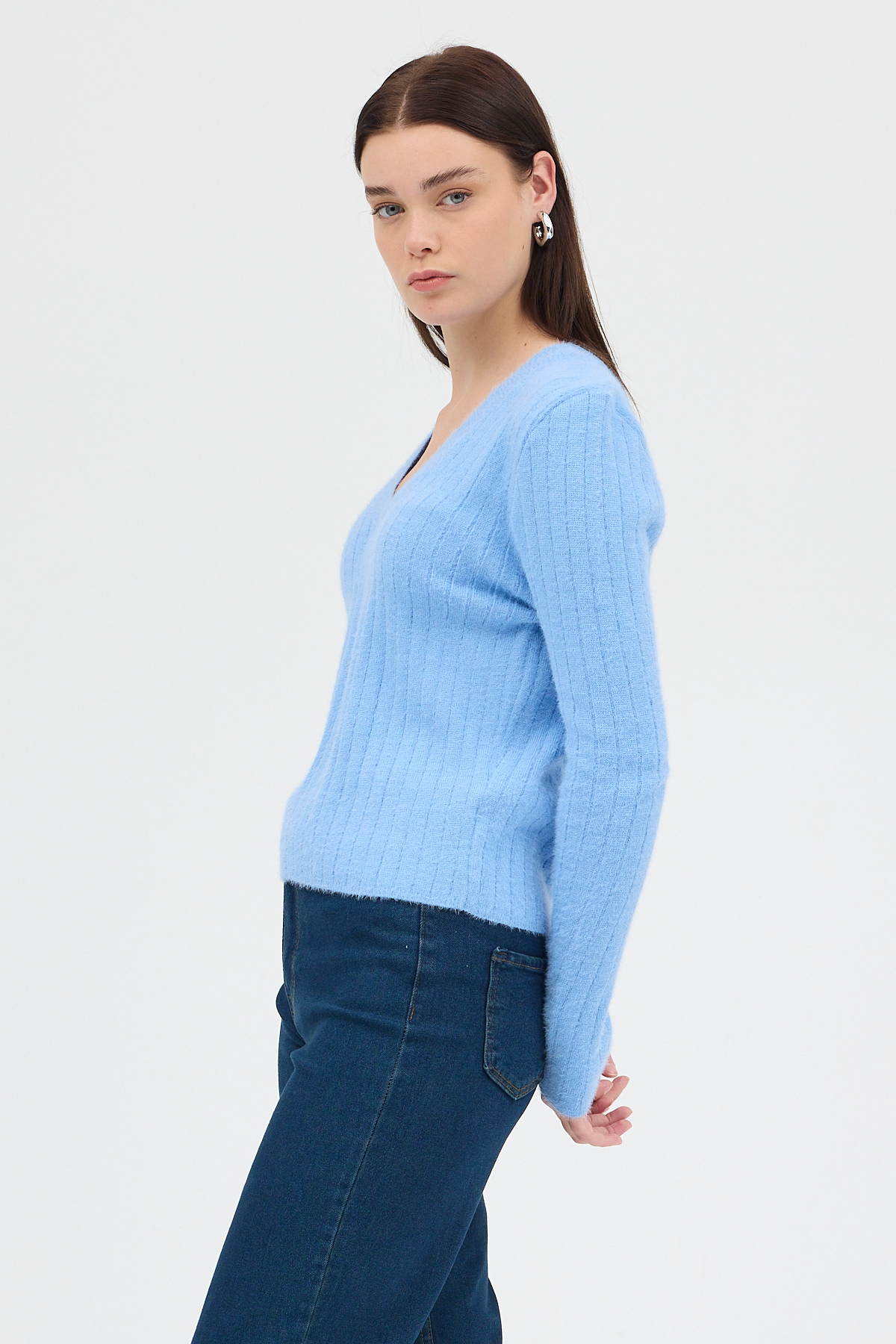 Bebe Mavi V Yaka Triko Kadın Kazak 2217 - 6