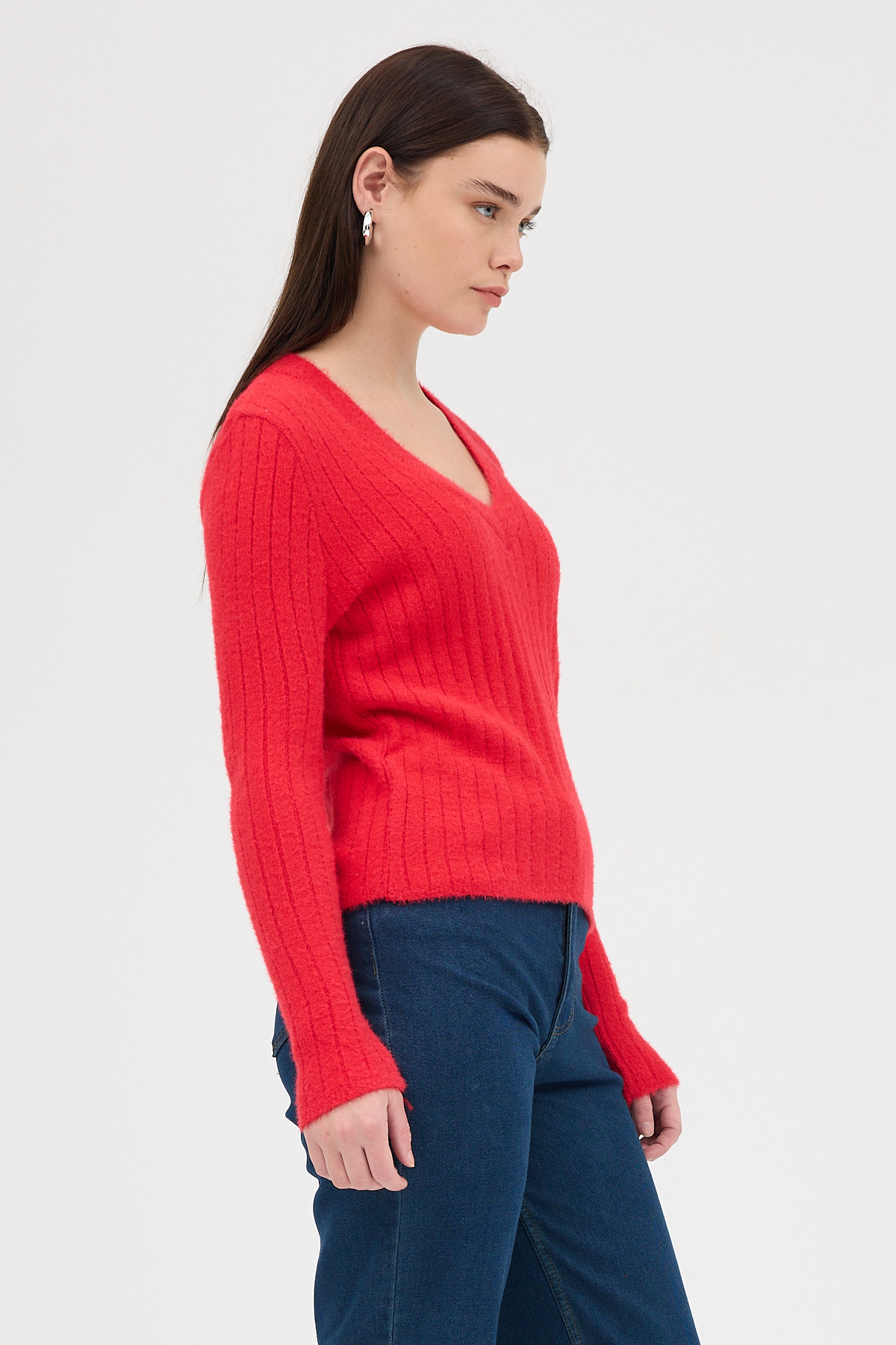 Kırmızı V Yaka Triko Kadın Kazak 2217 - 2