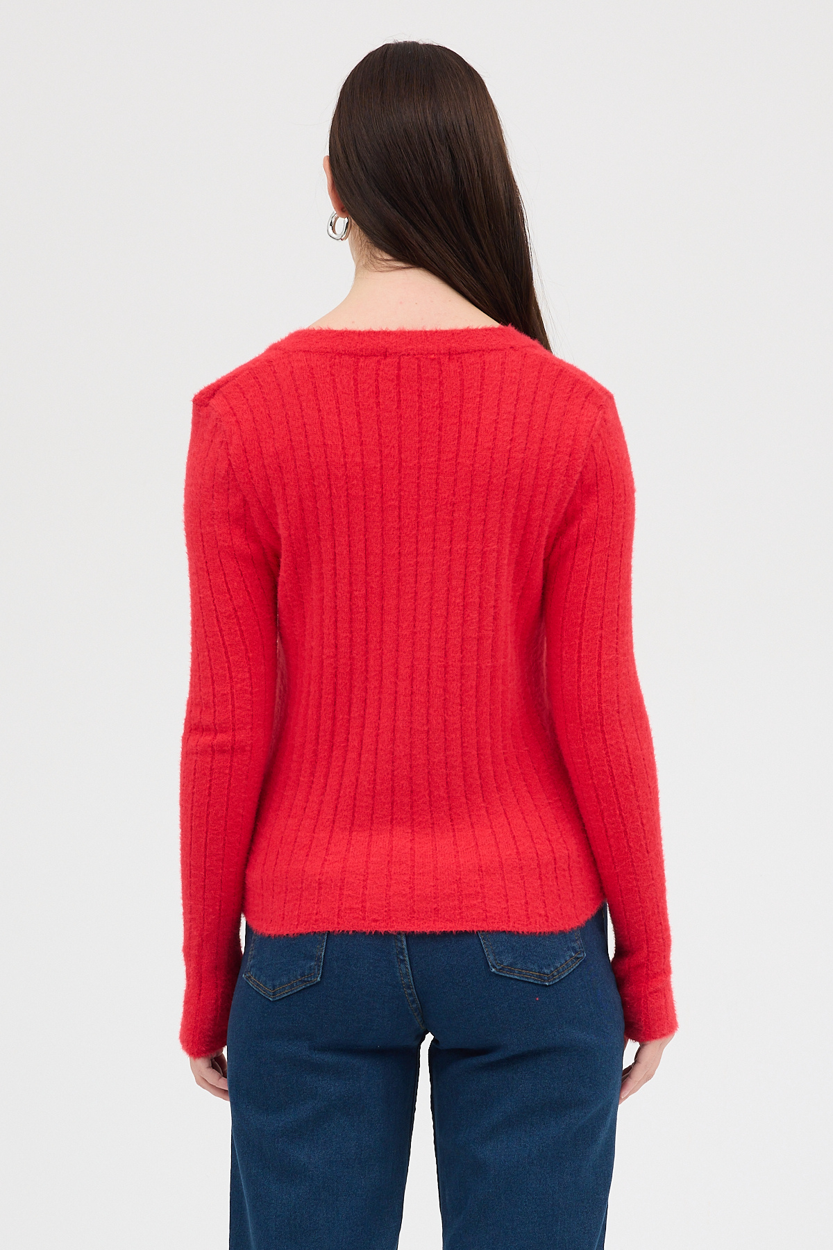 Kırmızı V Yaka Triko Kadın Kazak 2217 - 5