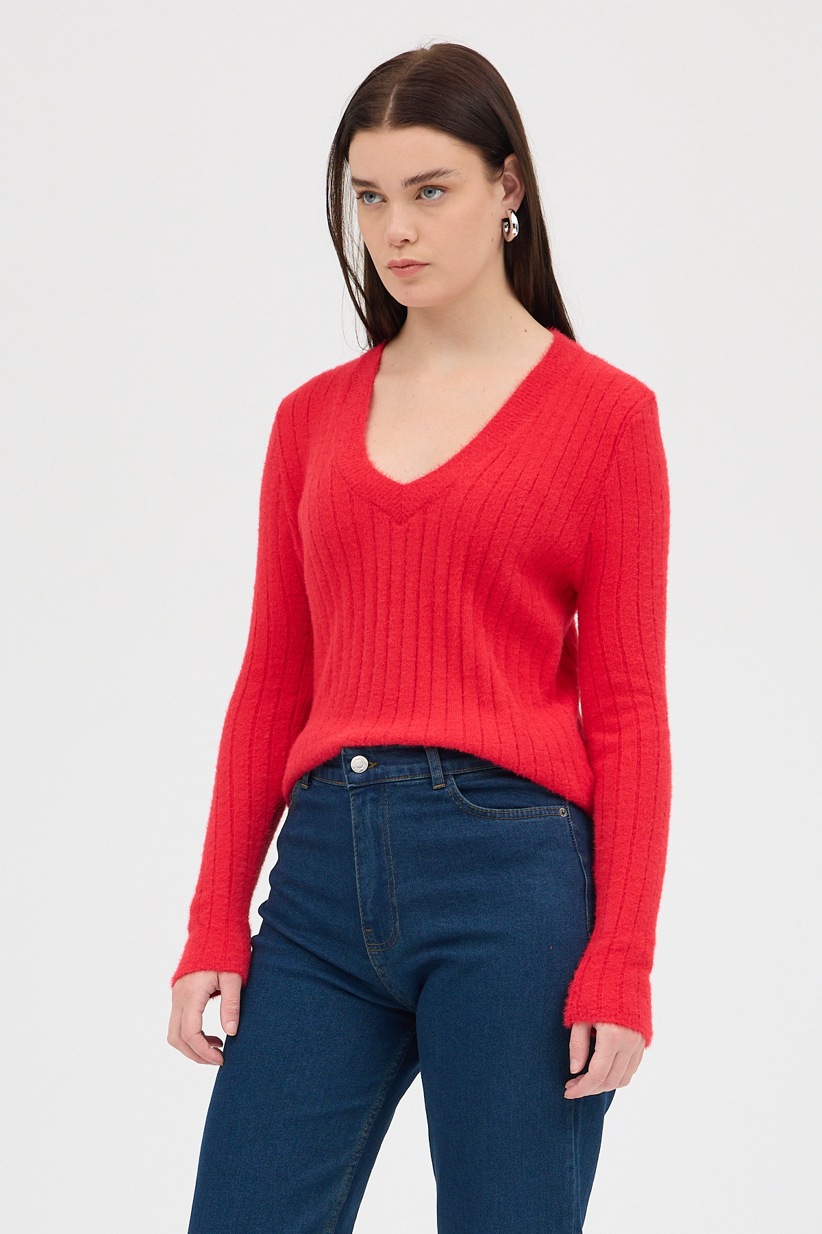 Kırmızı V Yaka Triko Kadın Kazak 2217 - 7