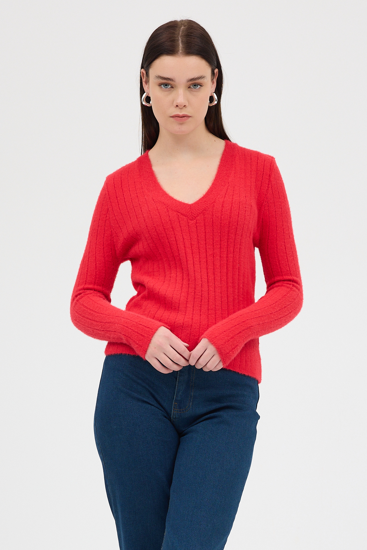 Kırmızı V Yaka Triko Kadın Kazak 2217 - 6