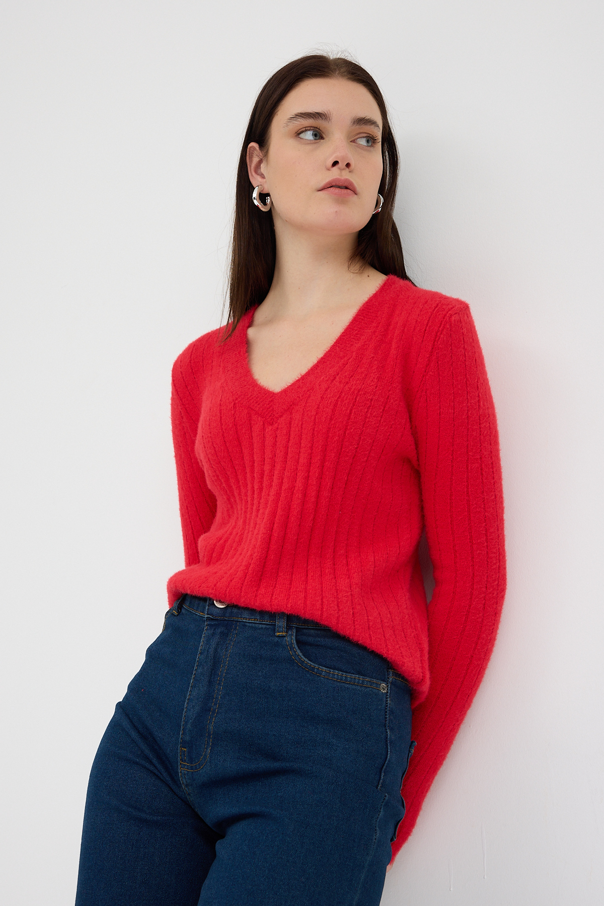 Kırmızı V Yaka Triko Kadın Kazak 2217 - 1