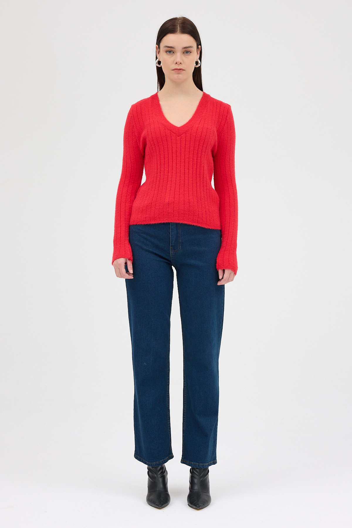 Kırmızı V Yaka Triko Kadın Kazak 2217 - 3