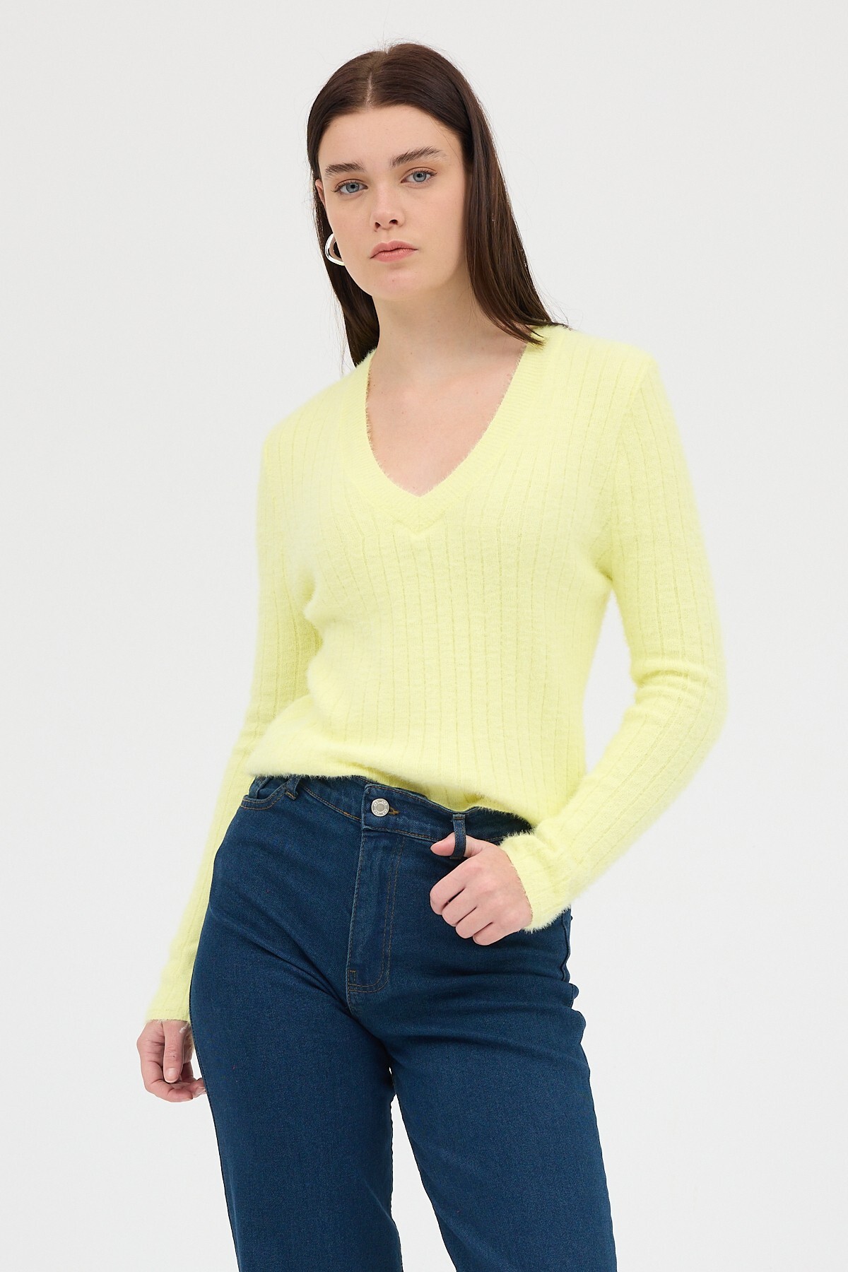 Sarı V Yaka Triko Kadın Kazak 2217 