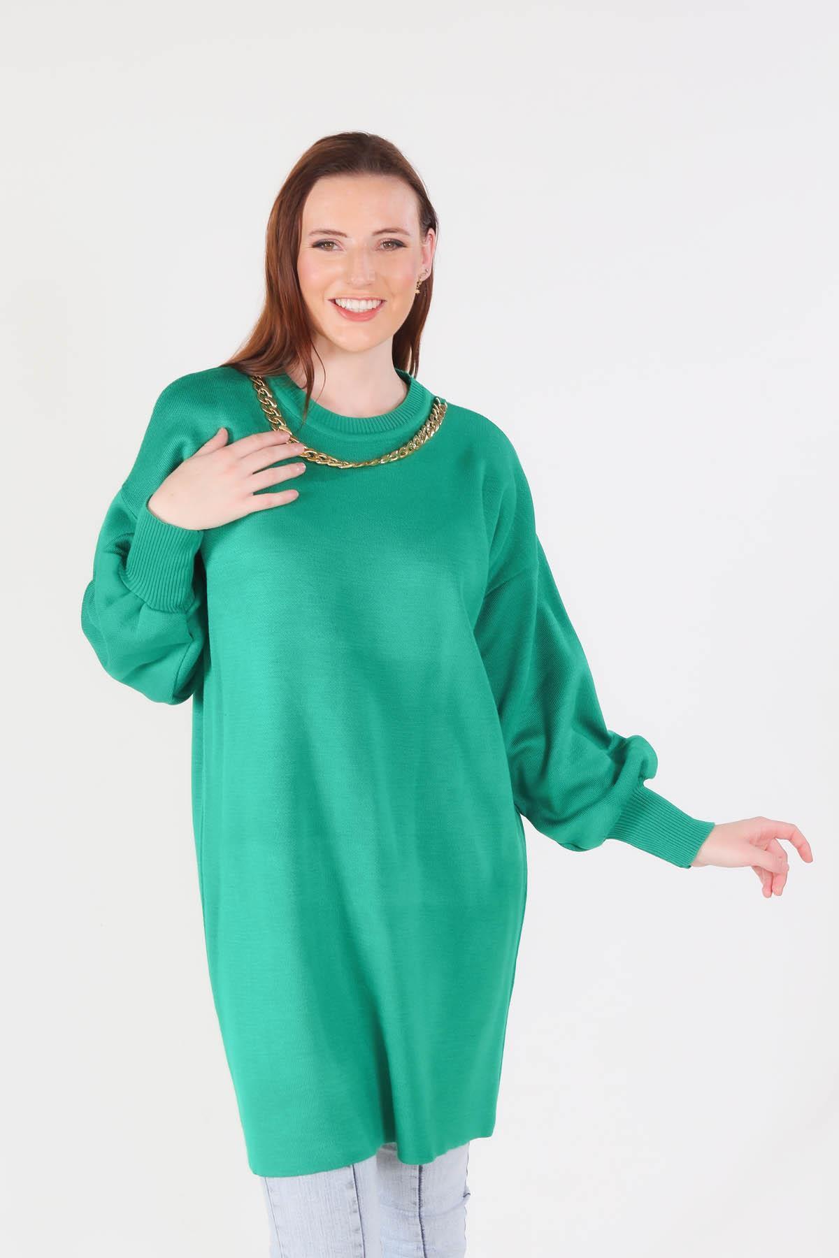 Benetton Yeşili Zincir Aksesuarlı Balon Kol Kazak 22177 