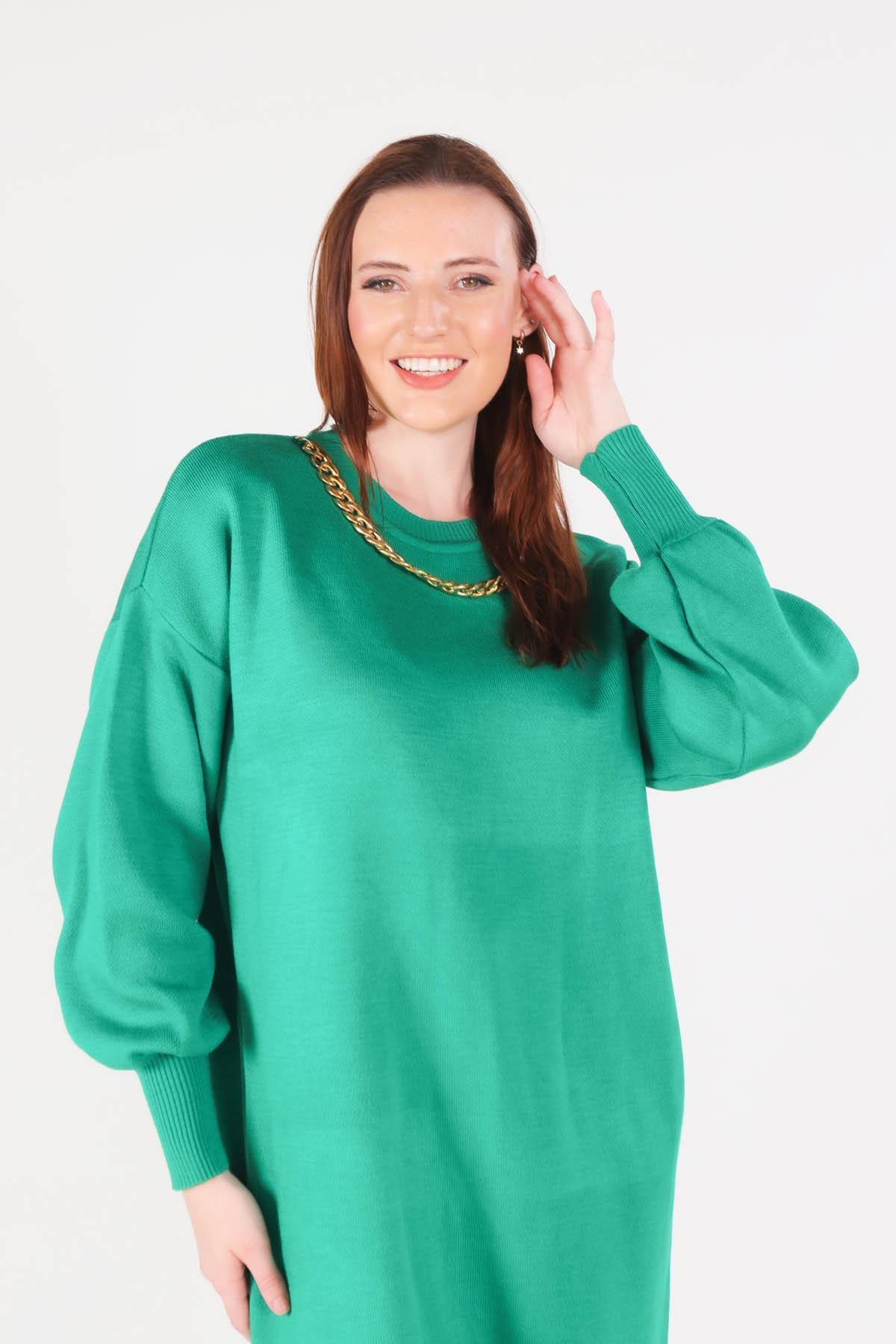 Benetton Yeşili Zincir Aksesuarlı Balon Kol Kazak 22177 - 3