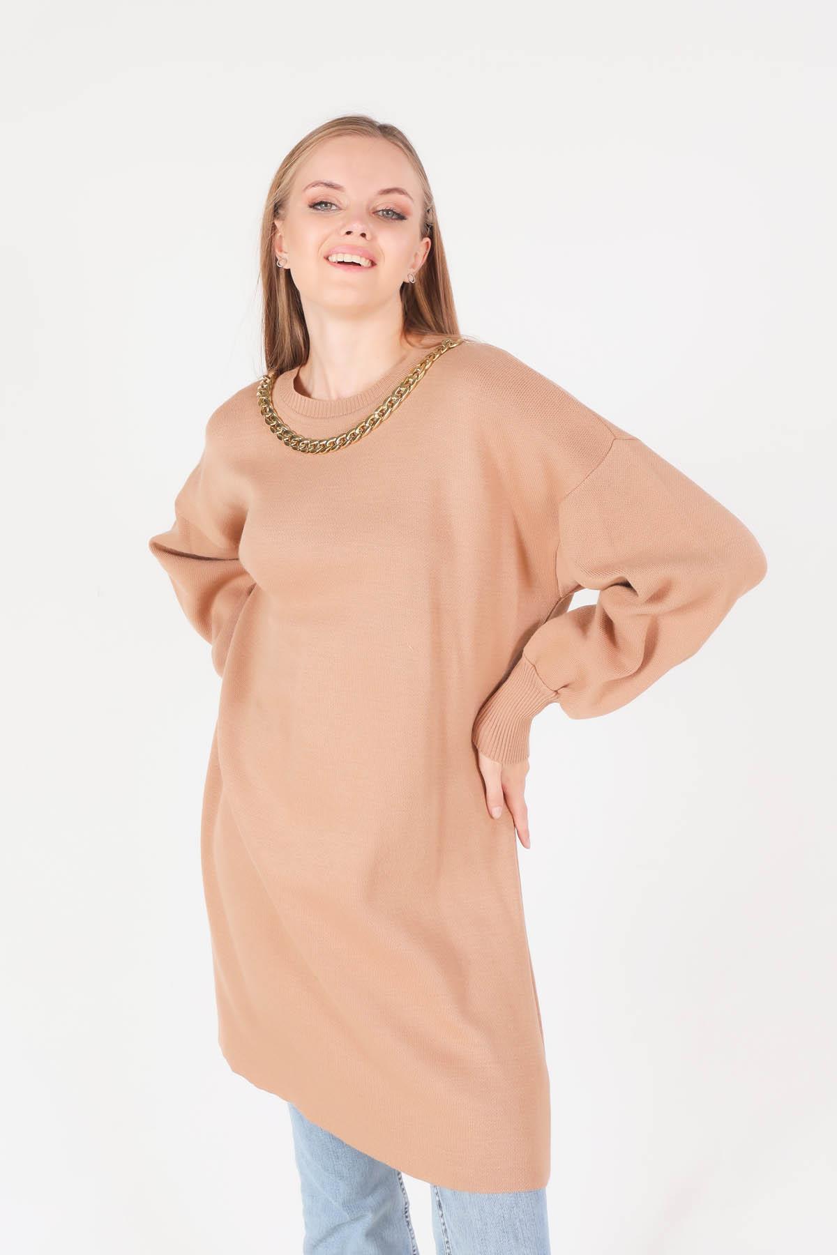 Bisküvi Zincir Aksesuarlı Balon Kol Kazak 22177 - 1