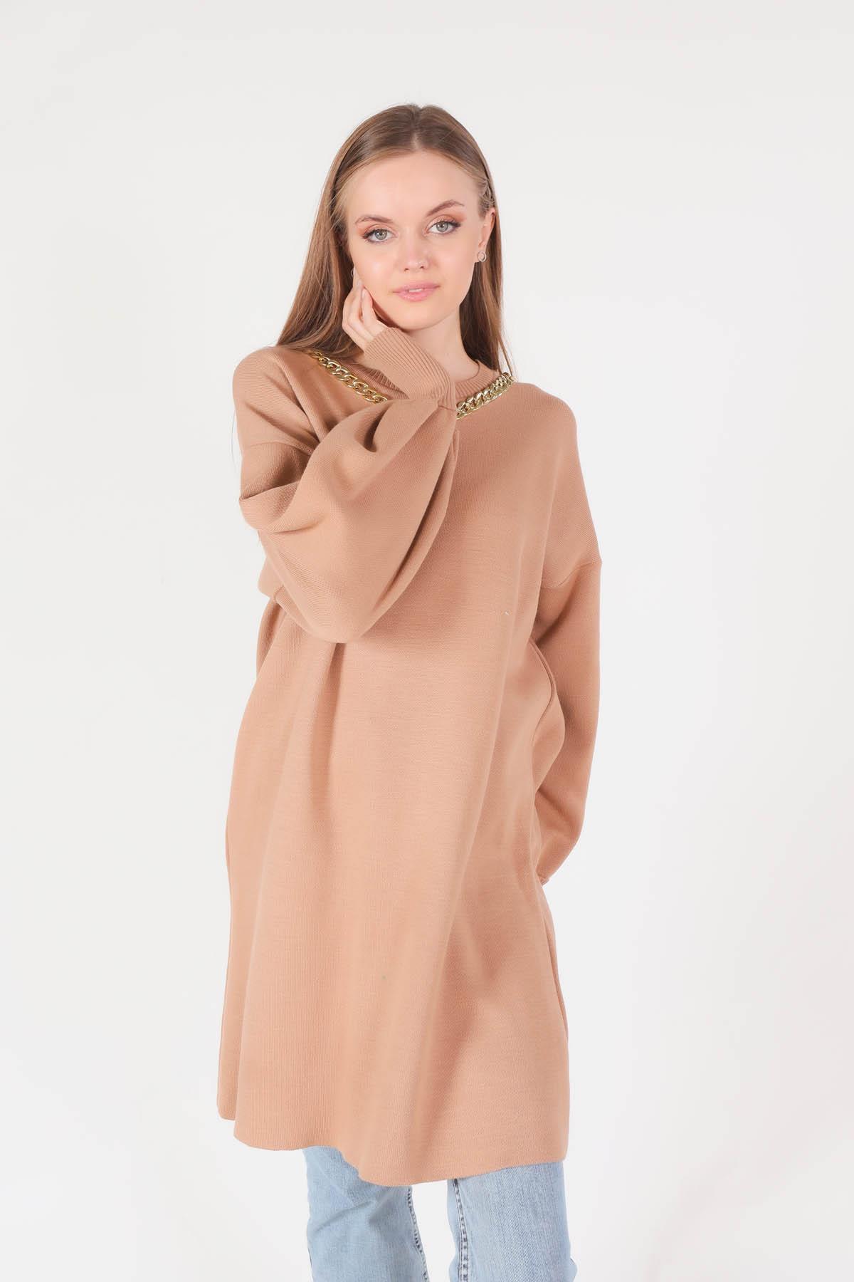 Bisküvi Zincir Aksesuarlı Balon Kol Kazak 22177 - 3