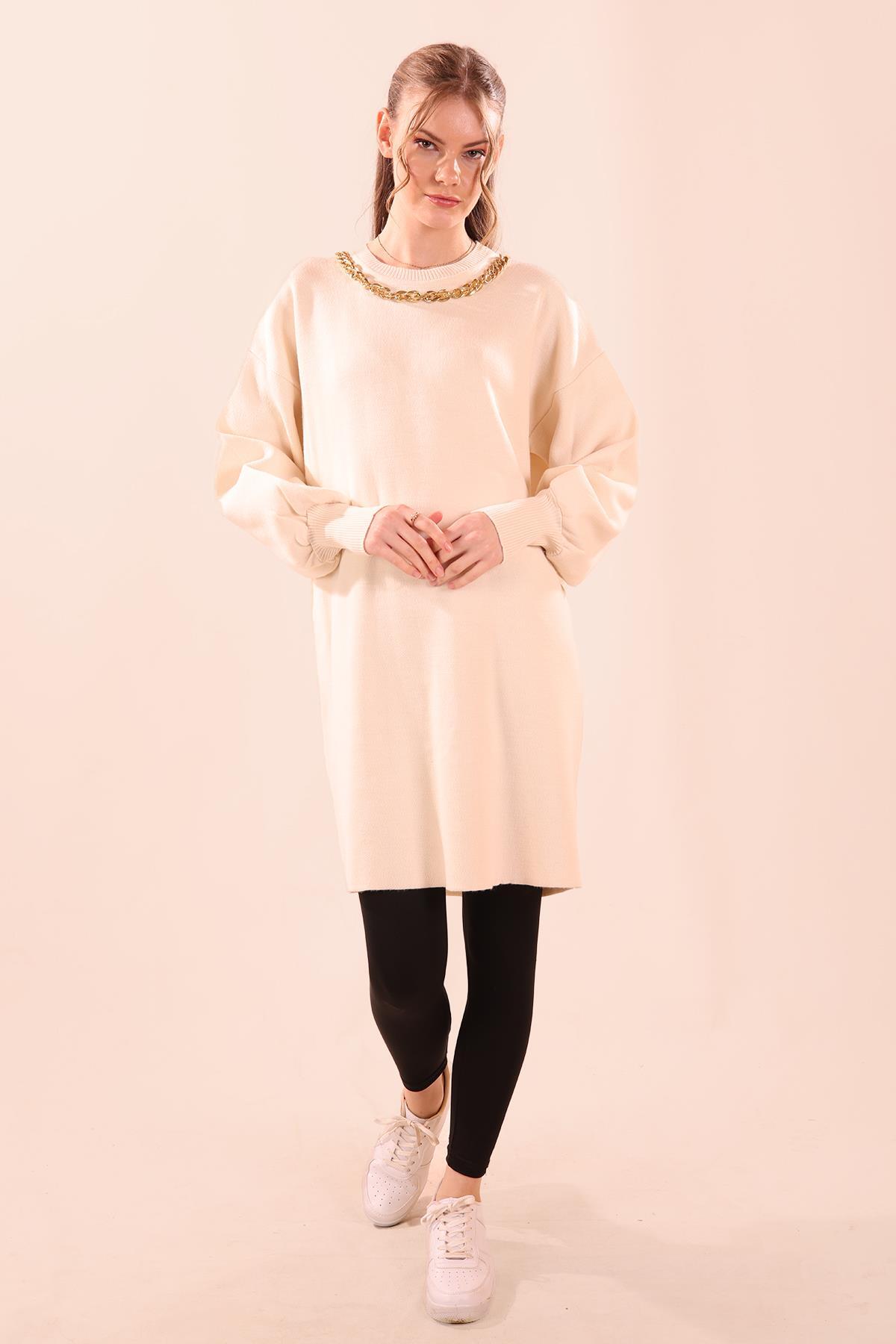 22177 Zincir Aksesuarlı Balon Kol Kazak Ekru - 2