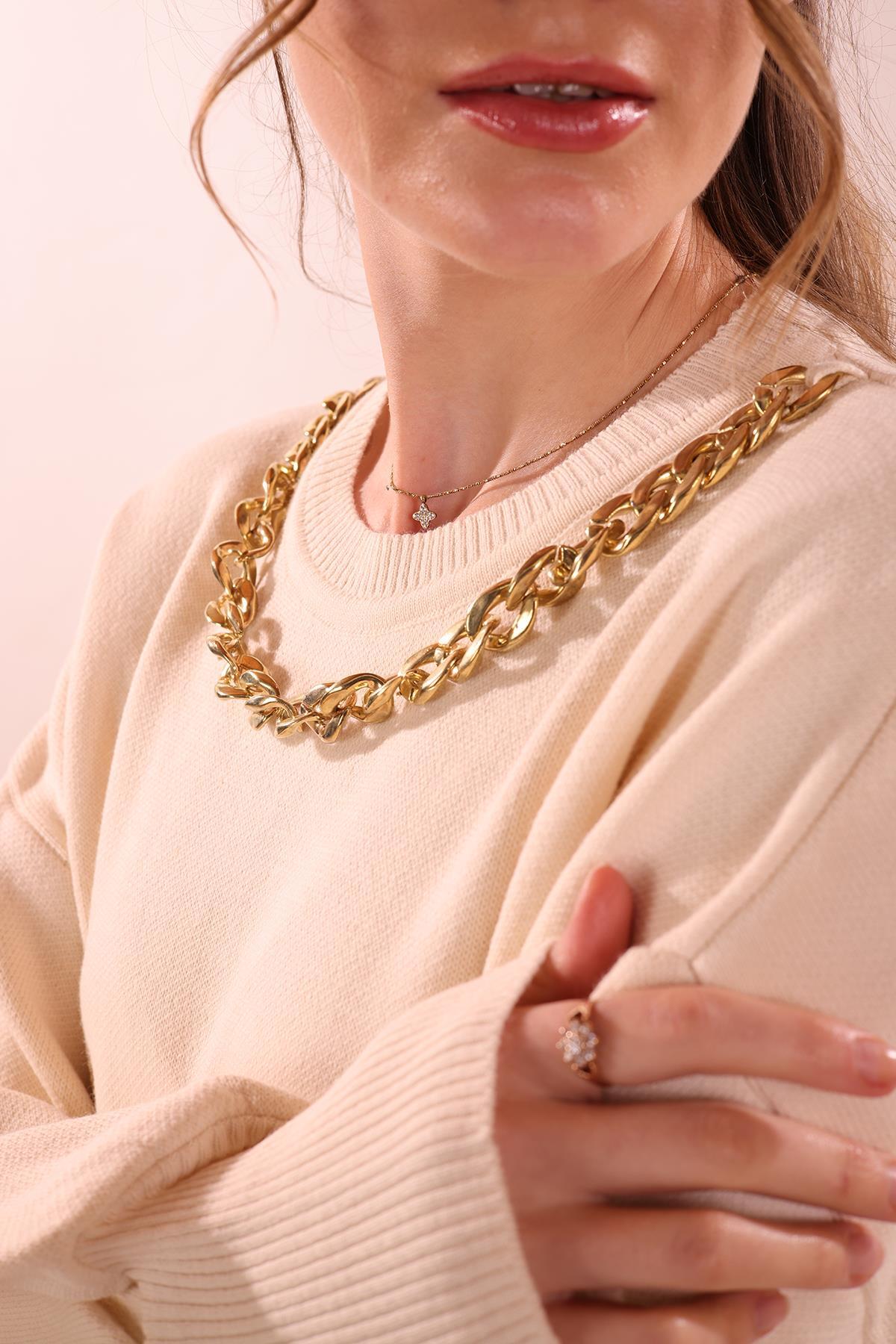 Ekru Zincir Aksesuarlı Balon Kol Kazak 22177 - 3