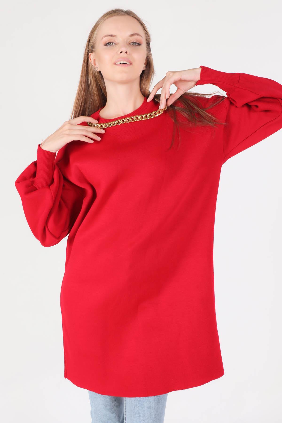 22177 Zincir Aksesuarlı Balon Kol Kazak Kırmızı - 1