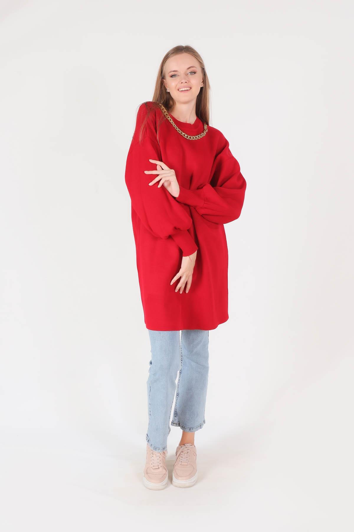 22177 Zincir Aksesuarlı Balon Kol Kazak Kırmızı - 2