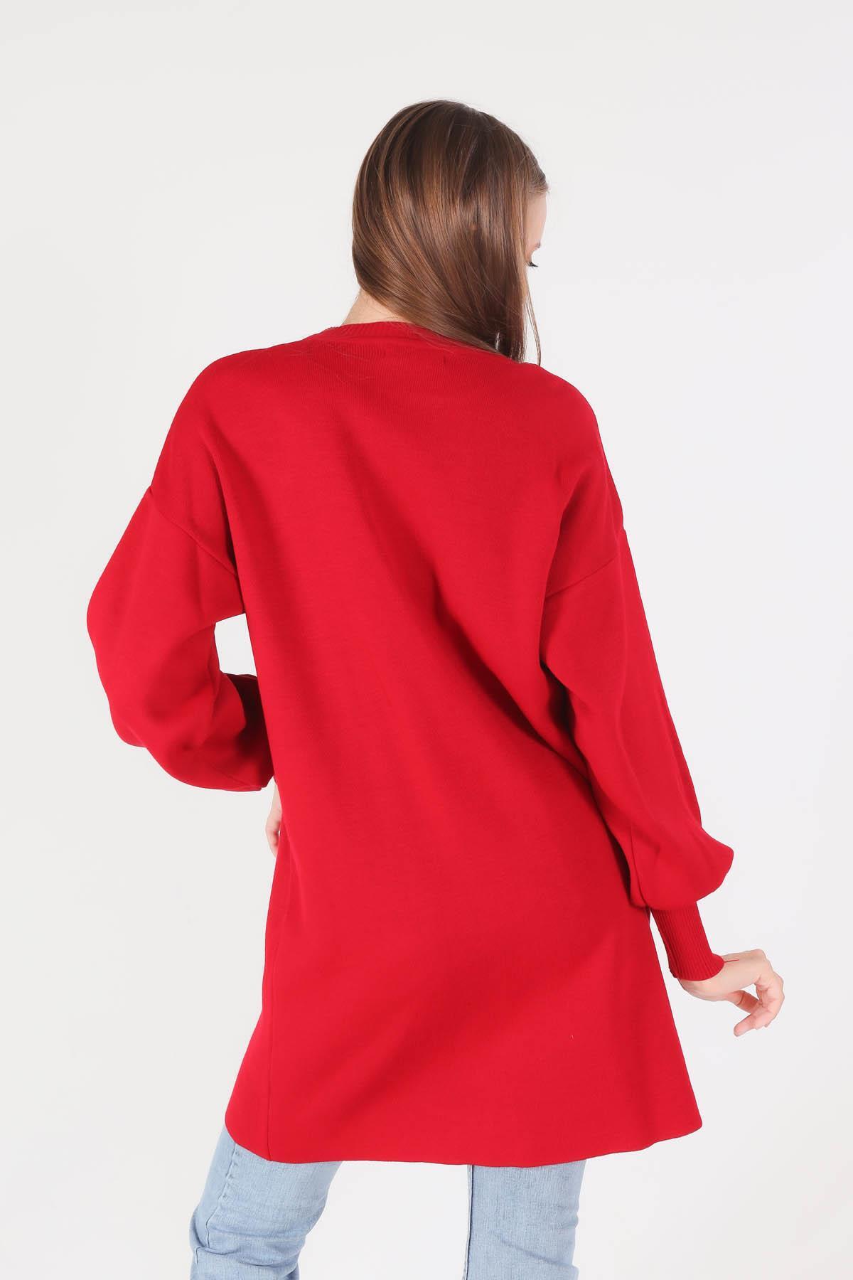 22177 Zincir Aksesuarlı Balon Kol Kazak Kırmızı - 4