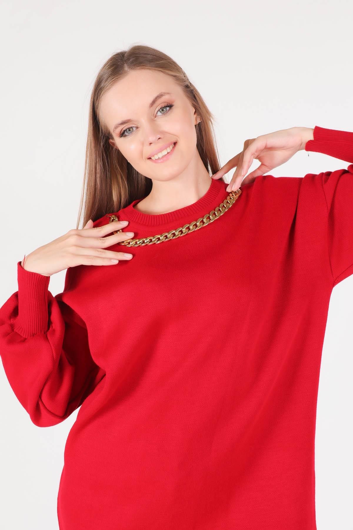 Kırmızı Zincir Aksesuarlı Balon Kol Kazak 22177 - 6