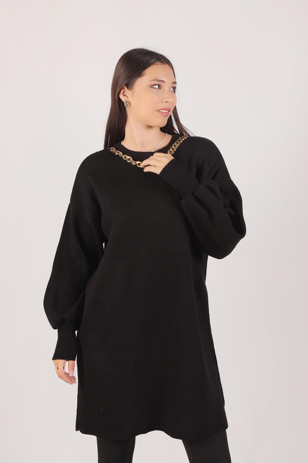 22177 Zincir Aksesuarlı Balon Kol Kazak Siyah 