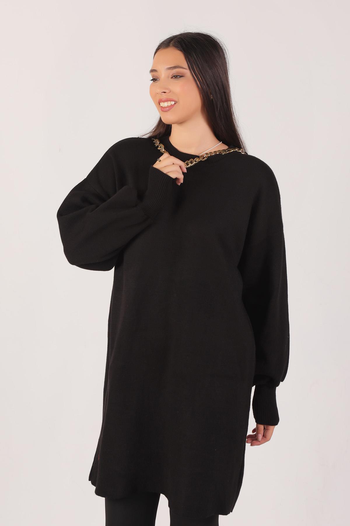 22177 Zincir Aksesuarlı Balon Kol Kazak Siyah - 3