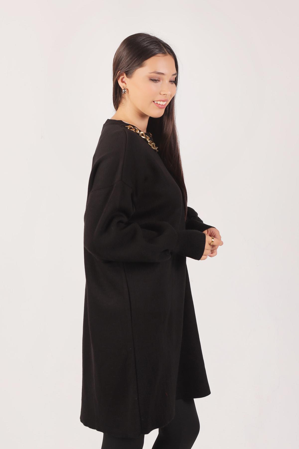 22177 Zincir Aksesuarlı Balon Kol Kazak Siyah - 4