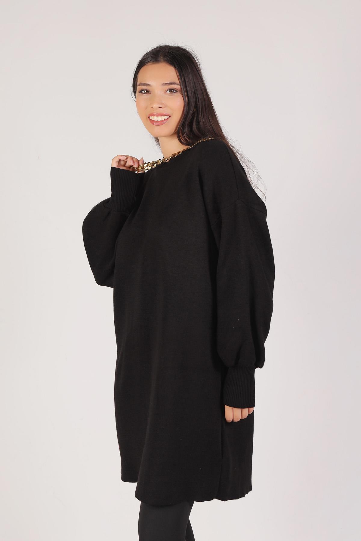 22177 Zincir Aksesuarlı Balon Kol Kazak Siyah - 2