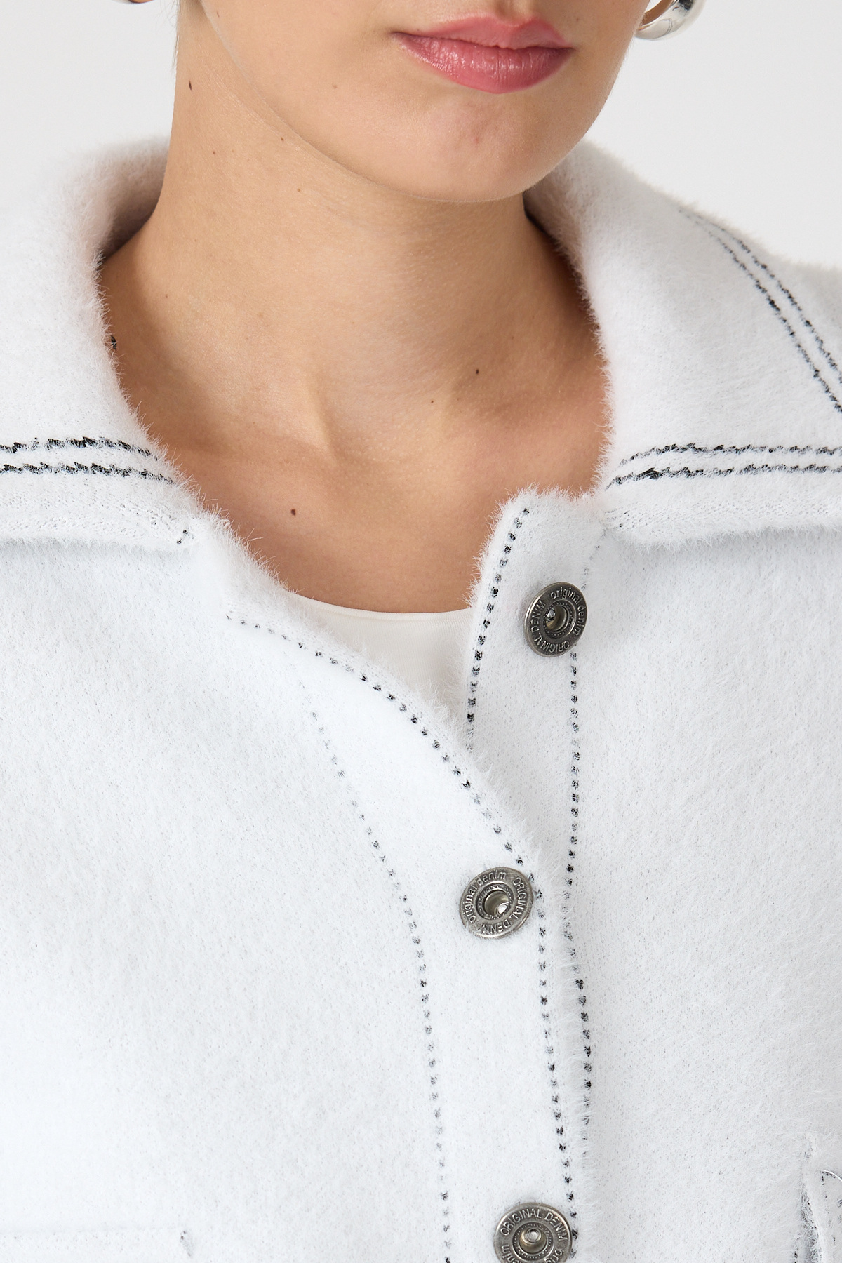 Ekru Peluş Görünümlü Denim Kollu Kadın Ceket 2225 - 4