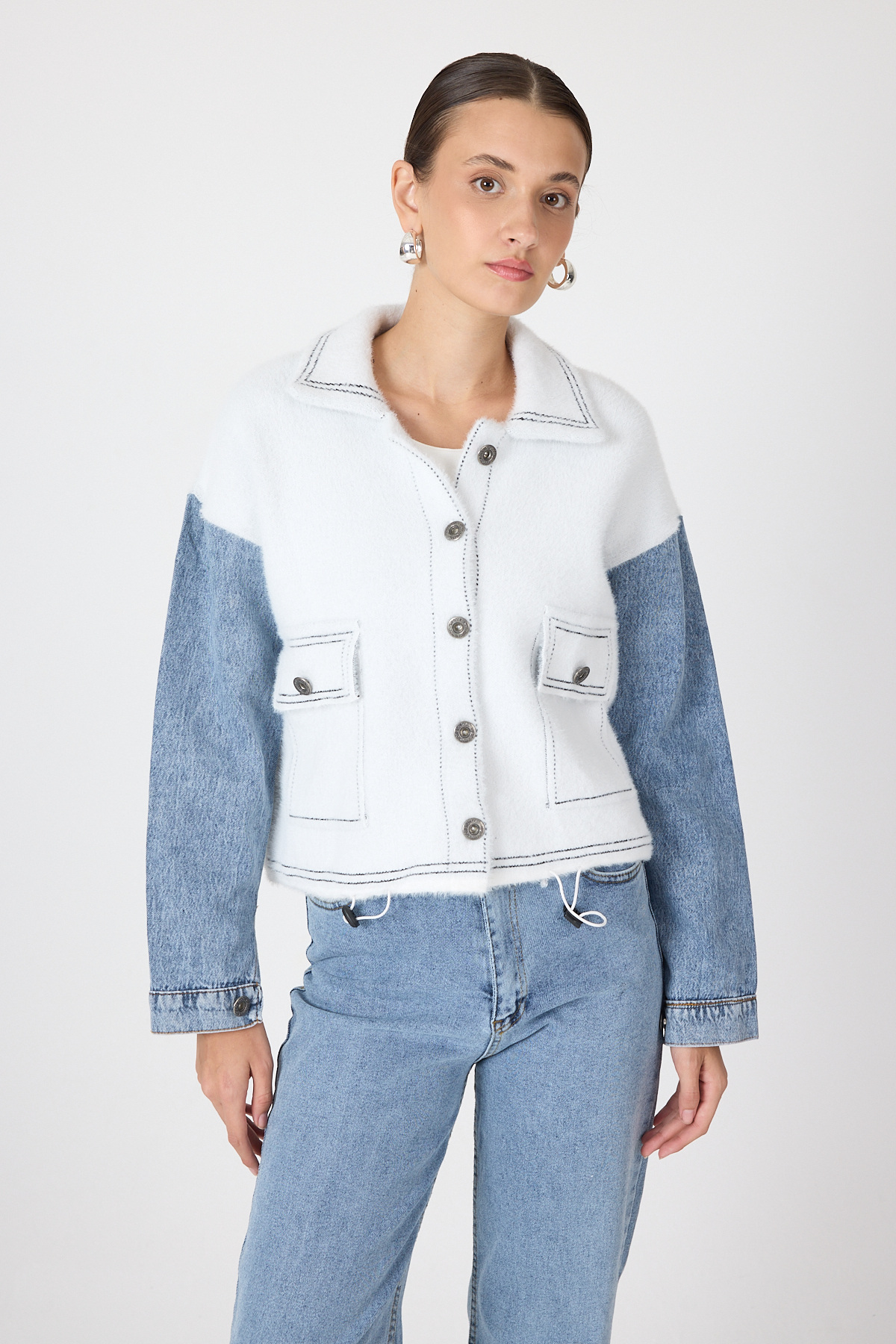 Ekru Peluş Görünümlü Denim Kollu Kadın Ceket 2225 - 7