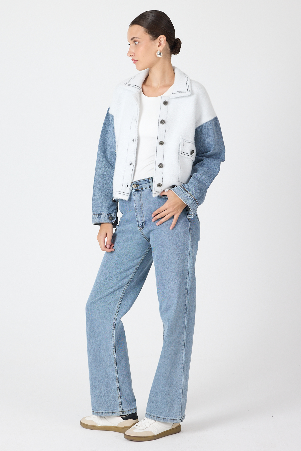 Ekru Peluş Görünümlü Denim Kollu Kadın Ceket 2225 - RAYS