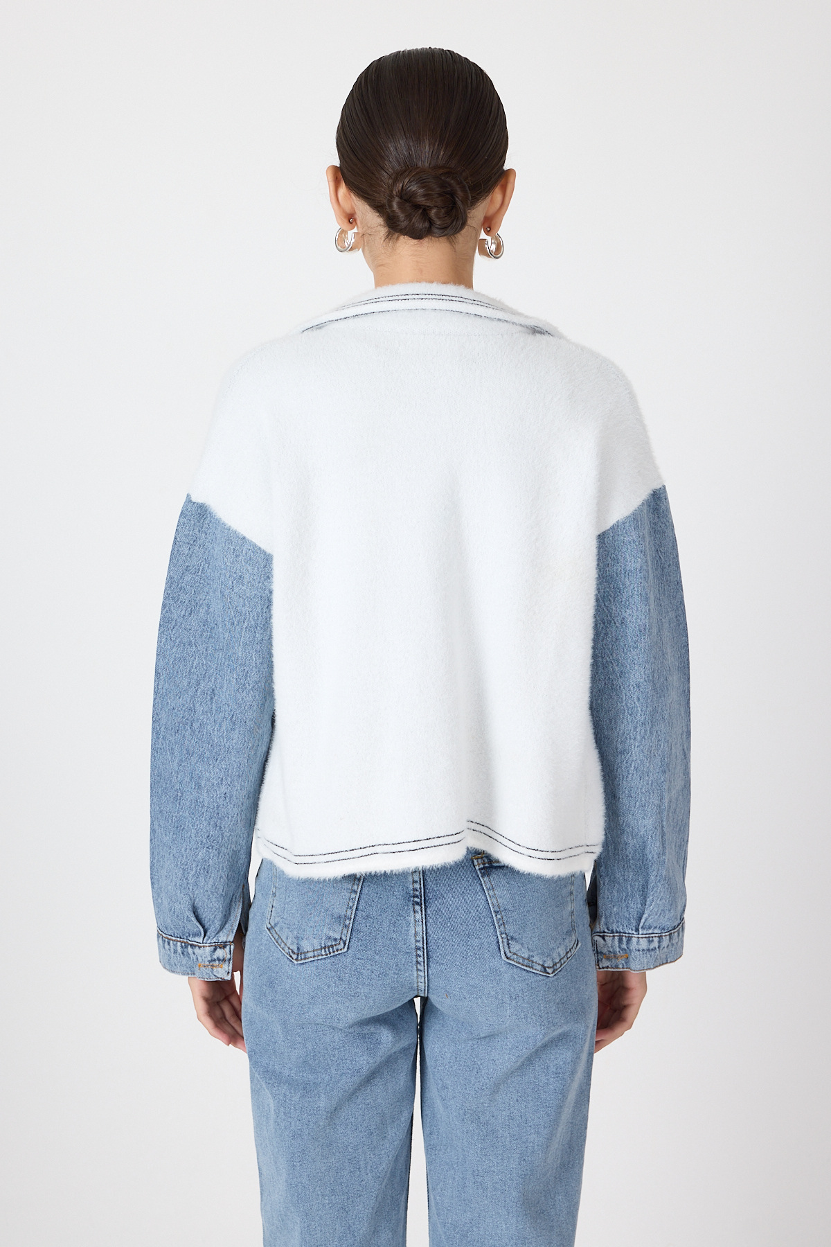 Ekru Peluş Görünümlü Denim Kollu Kadın Ceket 2225 - 5