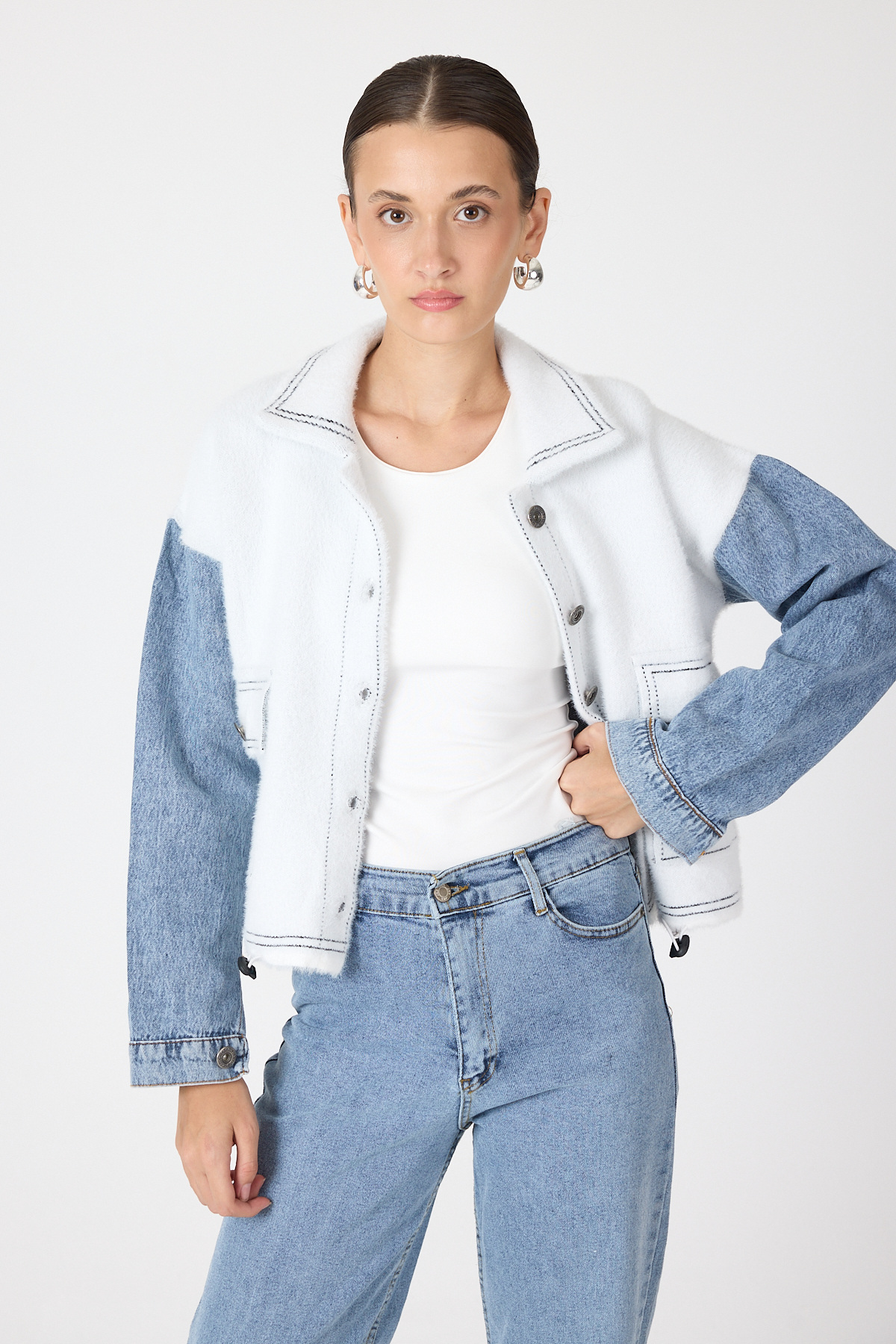 Ekru Peluş Görünümlü Denim Kollu Kadın Ceket 2225 - 6