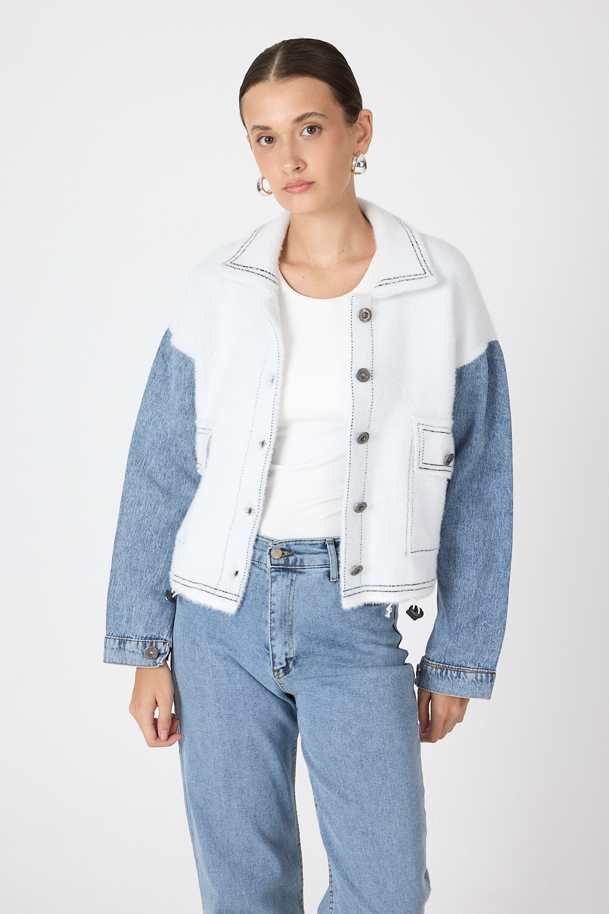 Ekru Peluş Görünümlü Denim Kollu Kadın Ceket 2225 - RAYS