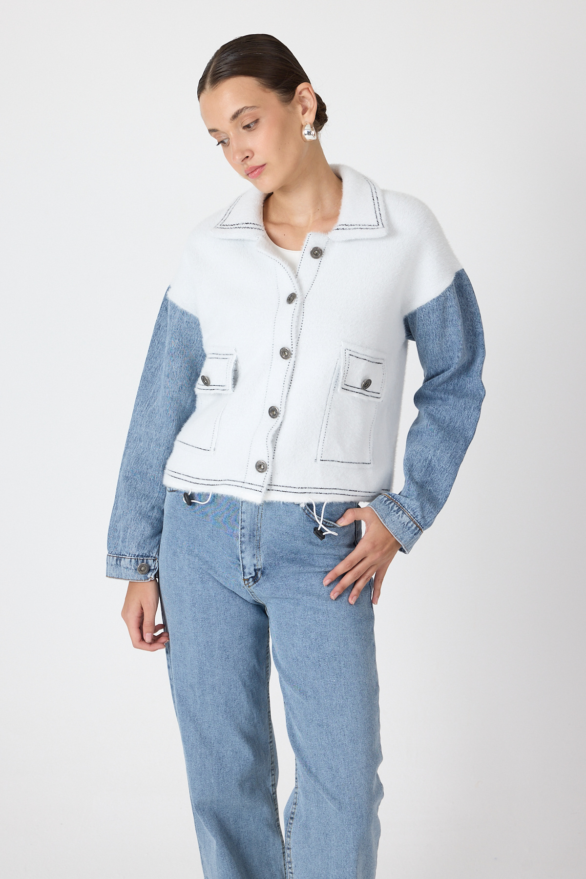 Ekru Peluş Görünümlü Denim Kollu Kadın Ceket 2225 - RAYS