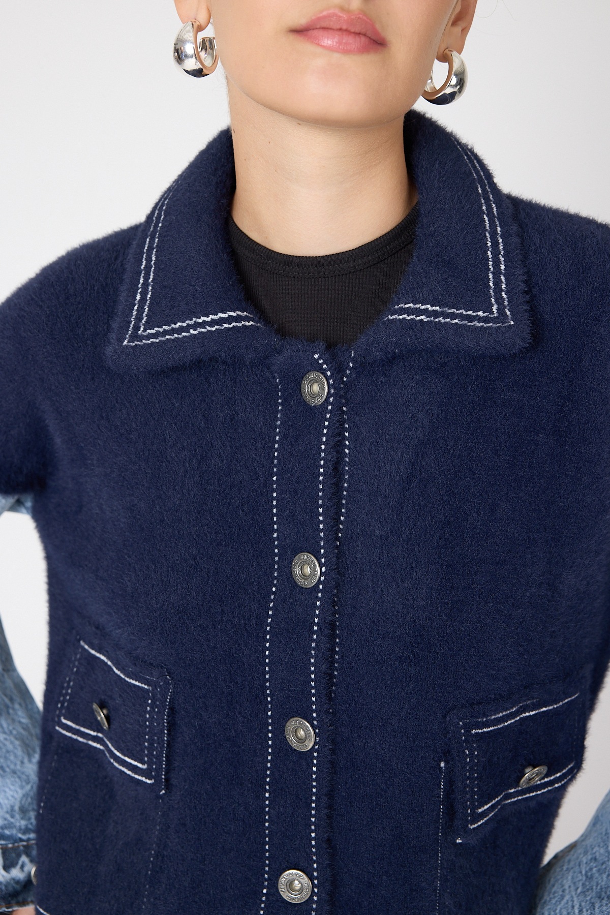 Laci Peluş Görünümlü Denim Kollu Kadın Ceket 2225 - RAYS