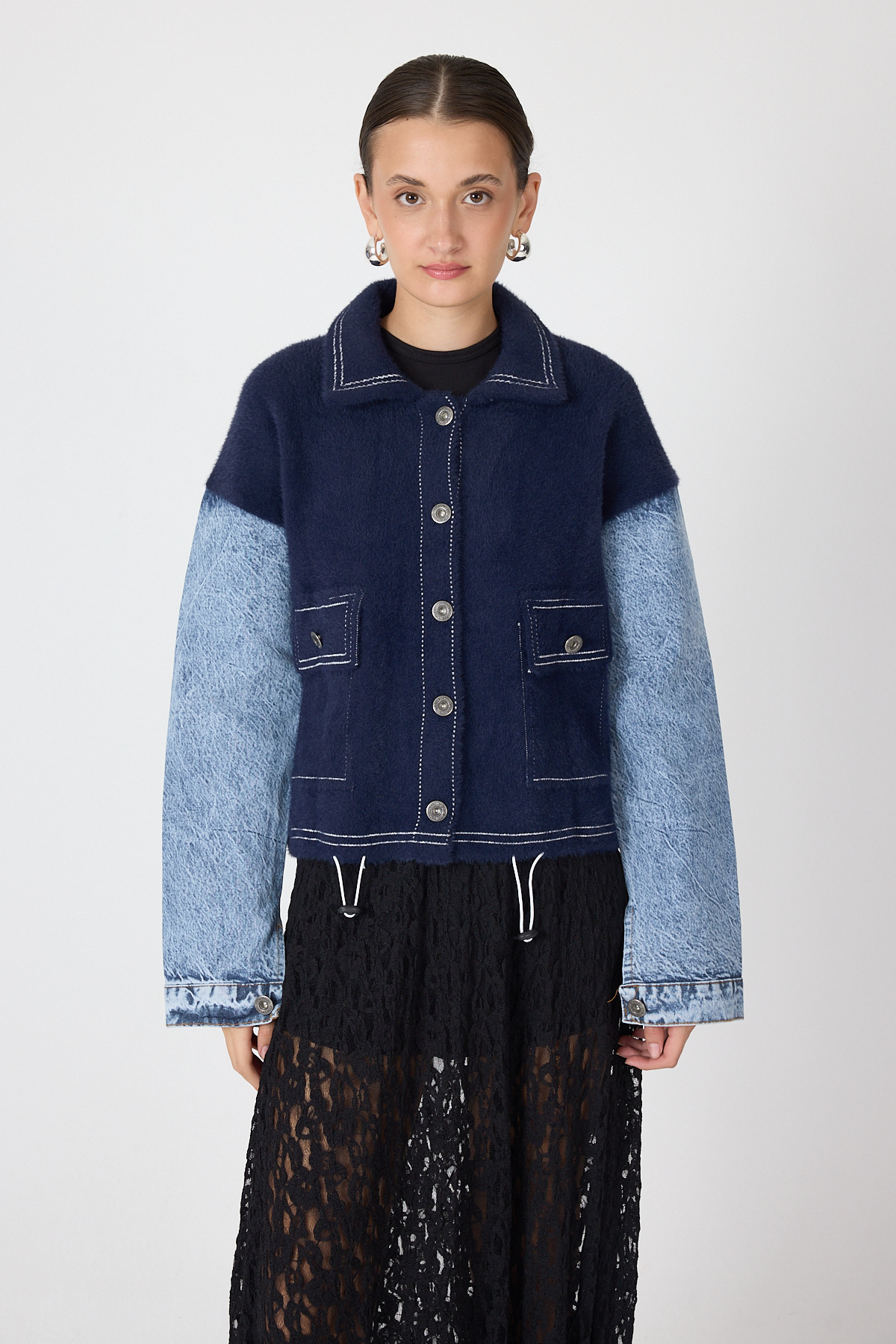 Laci Peluş Görünümlü Denim Kollu Kadın Ceket 2225 - 6