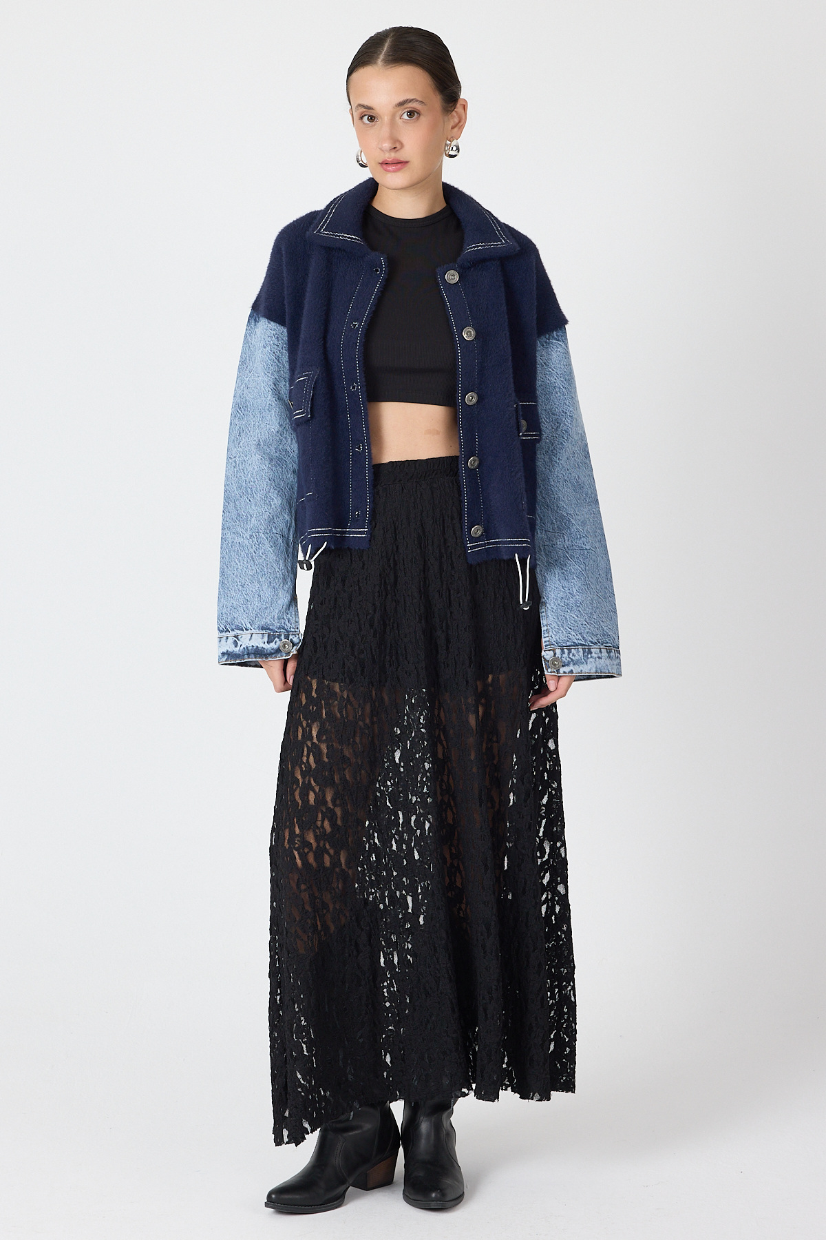 Laci Peluş Görünümlü Denim Kollu Kadın Ceket 2225 - 3