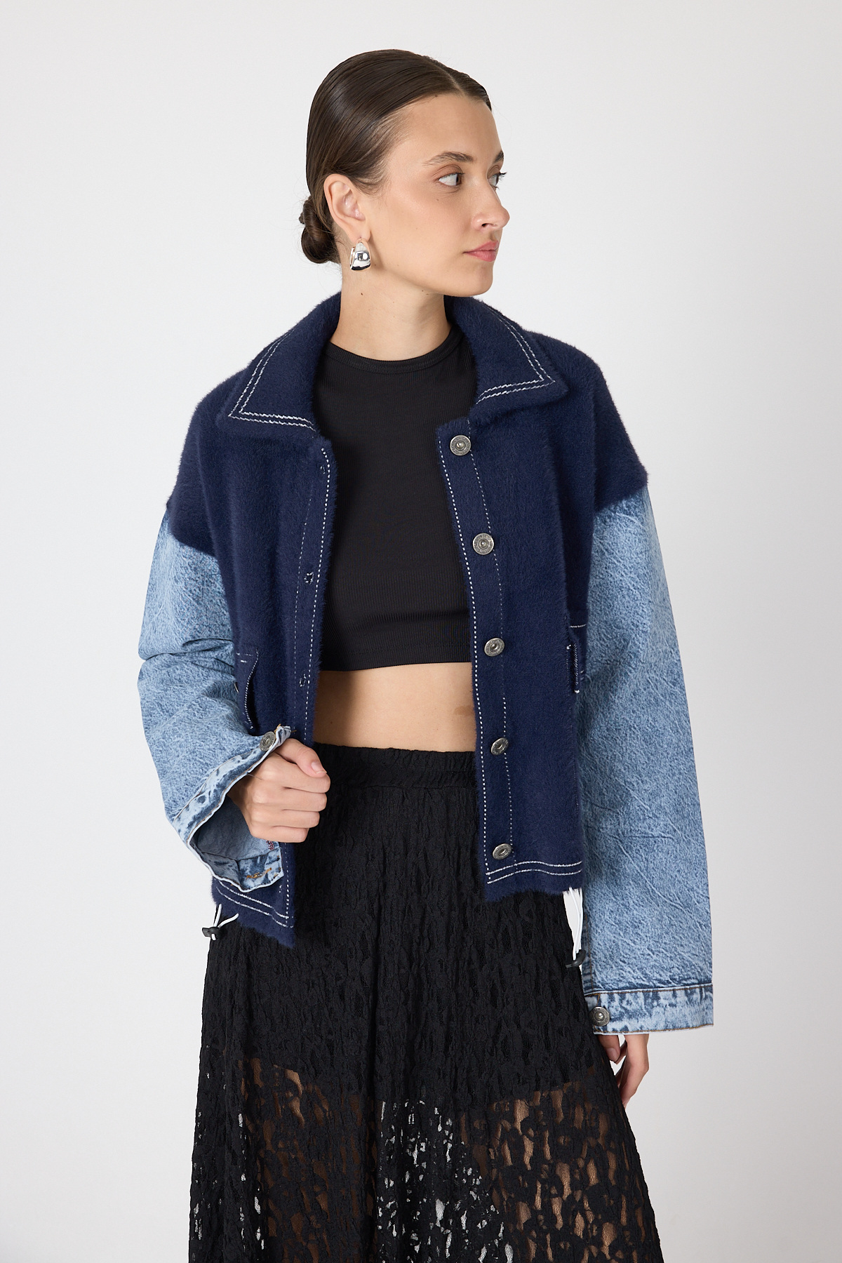 Laci Peluş Görünümlü Denim Kollu Kadın Ceket 2225 