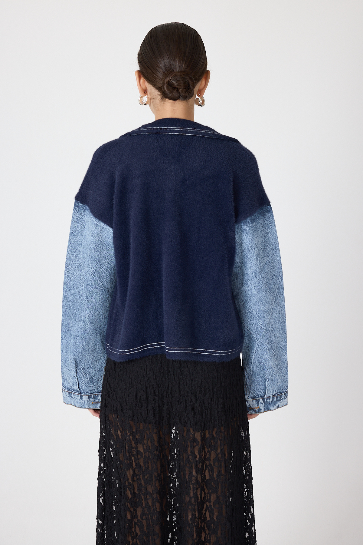 Laci Peluş Görünümlü Denim Kollu Kadın Ceket 2225 - 5