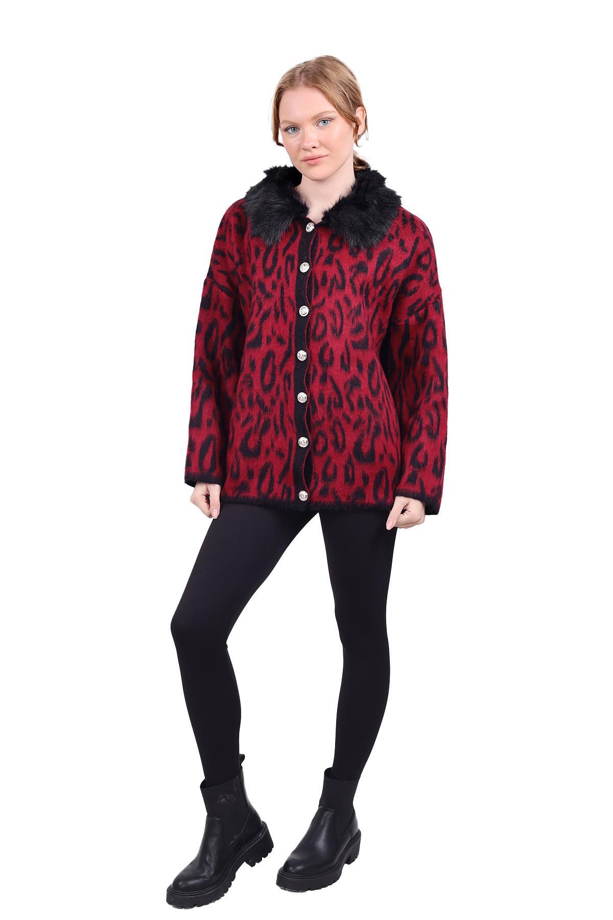 Bordo Leopar Yakası Kürklü Hırka 22288 - 2
