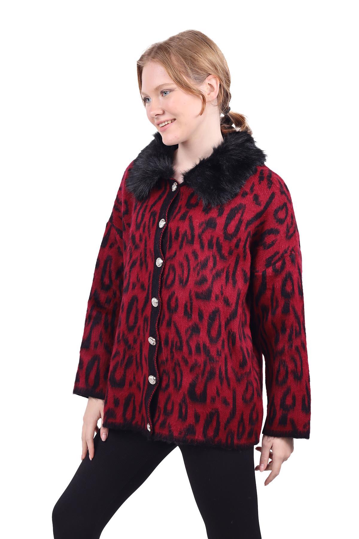 Bordo Leopar Yakası Kürklü Hırka 22288 - 3