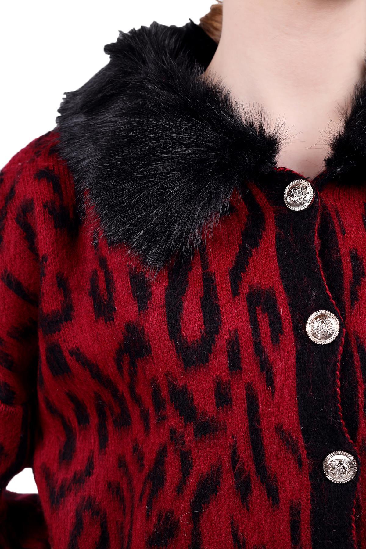 Bordo Leopar Yakası Kürklü Hırka 22288 - 4