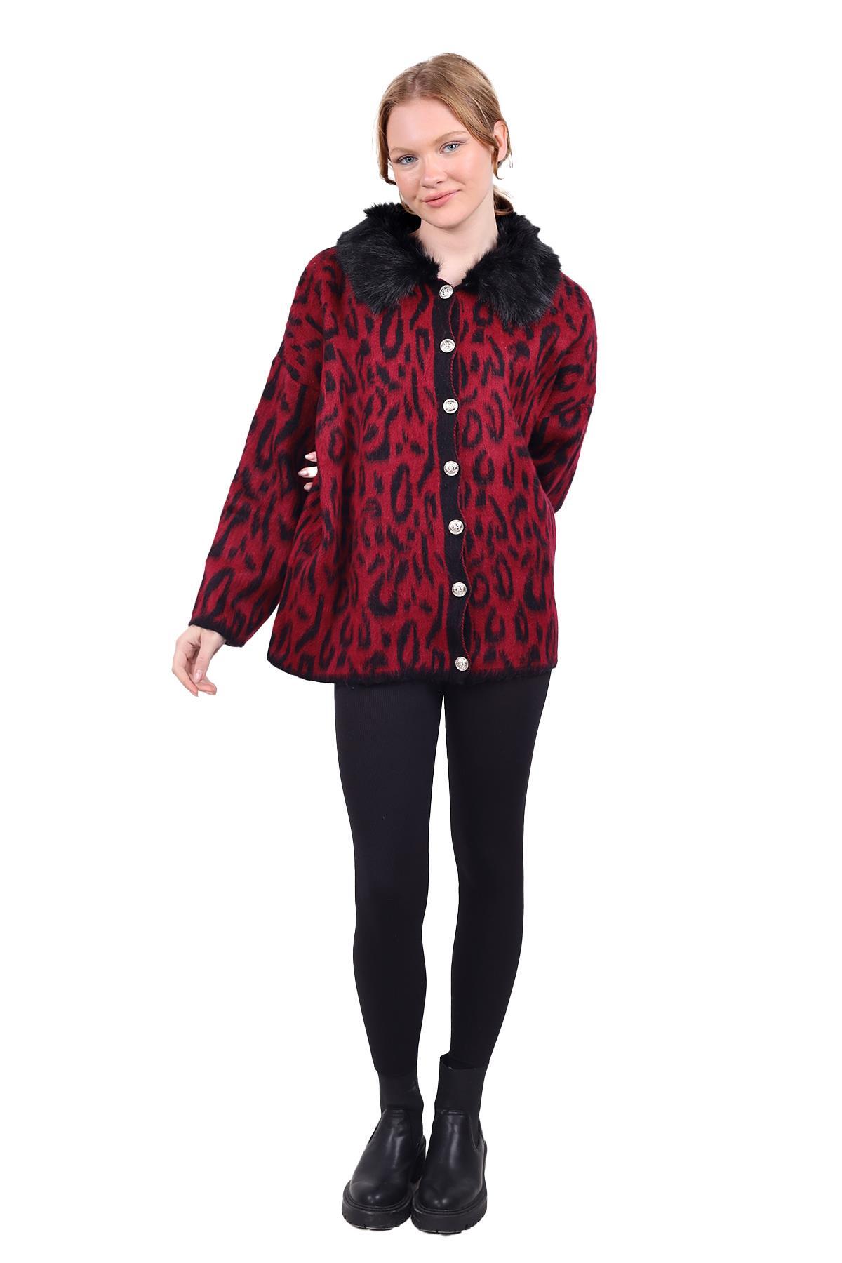 Bordo Leopar Yakası Kürklü Hırka 22288 - 7