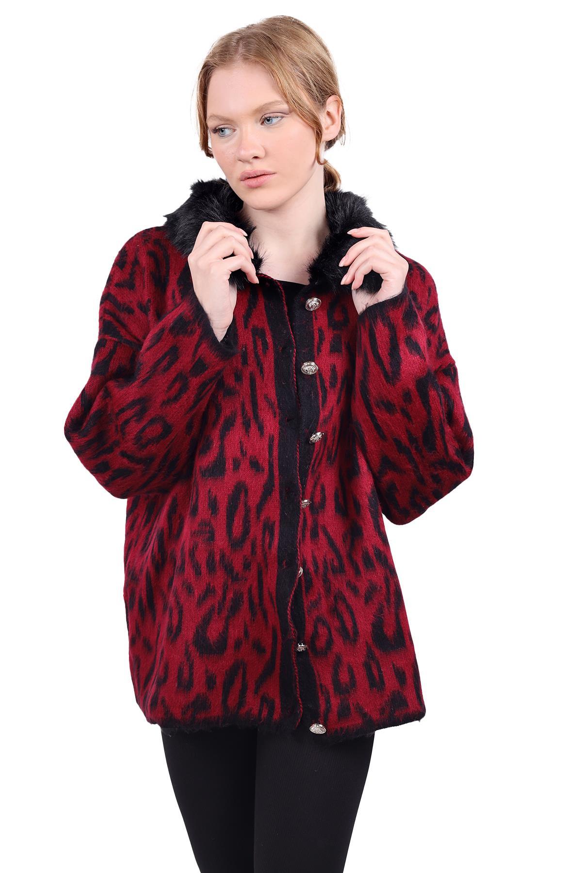 Bordo Leopar Yakası Kürklü Hırka 22288 - 1