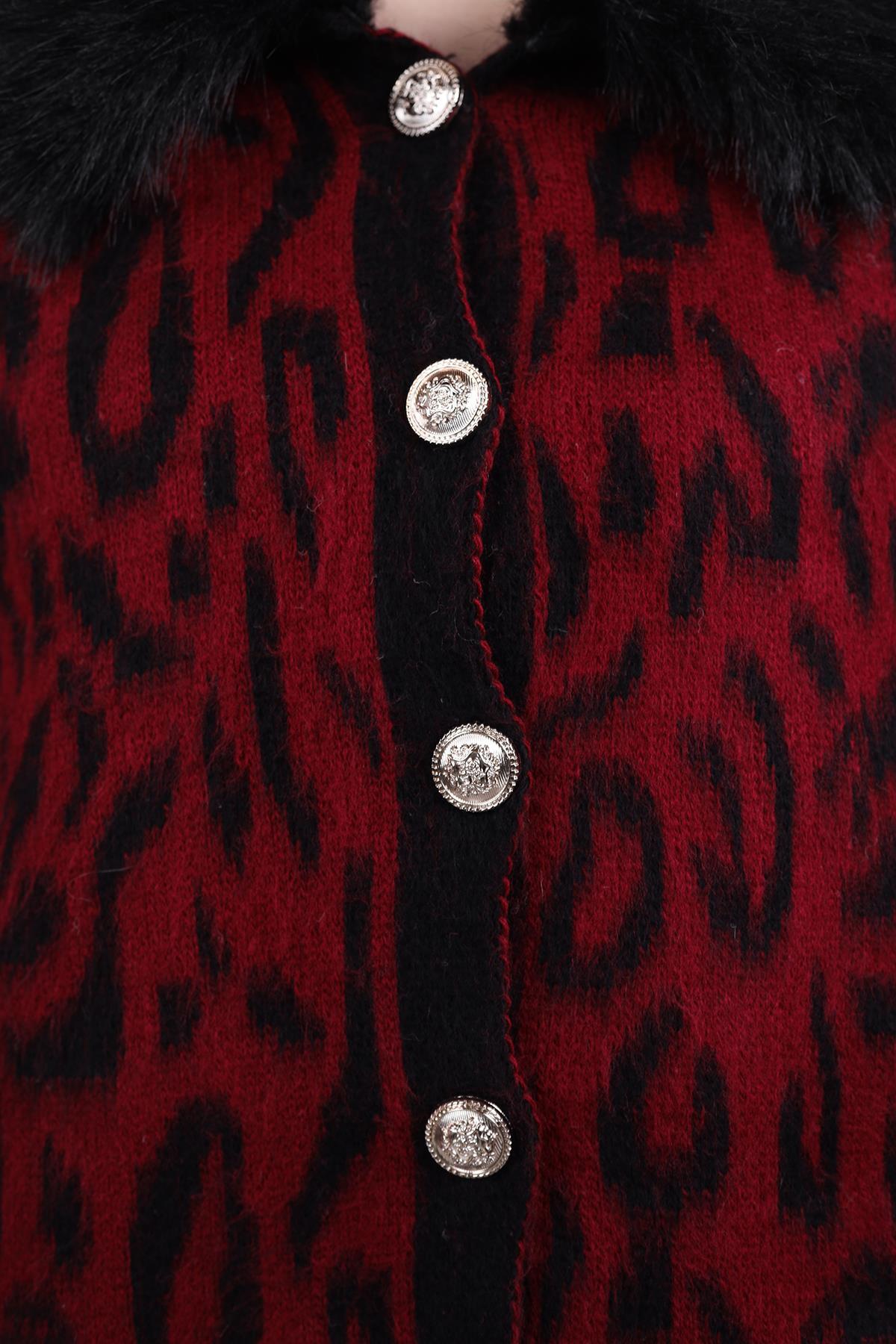 Bordo Leopar Yakası Kürklü Hırka 22288 - 5