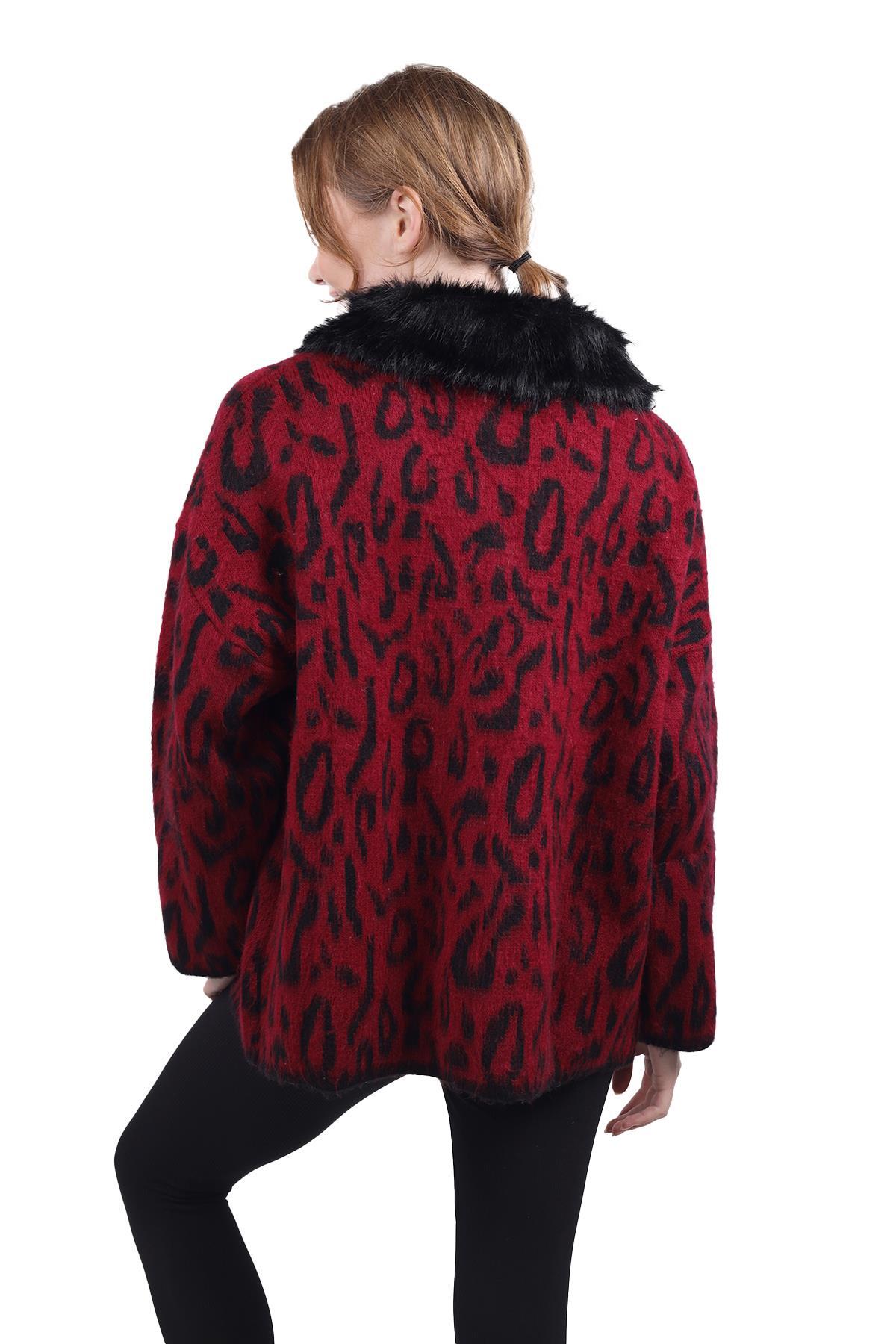 Bordo Leopar Yakası Kürklü Hırka 22288 - 6