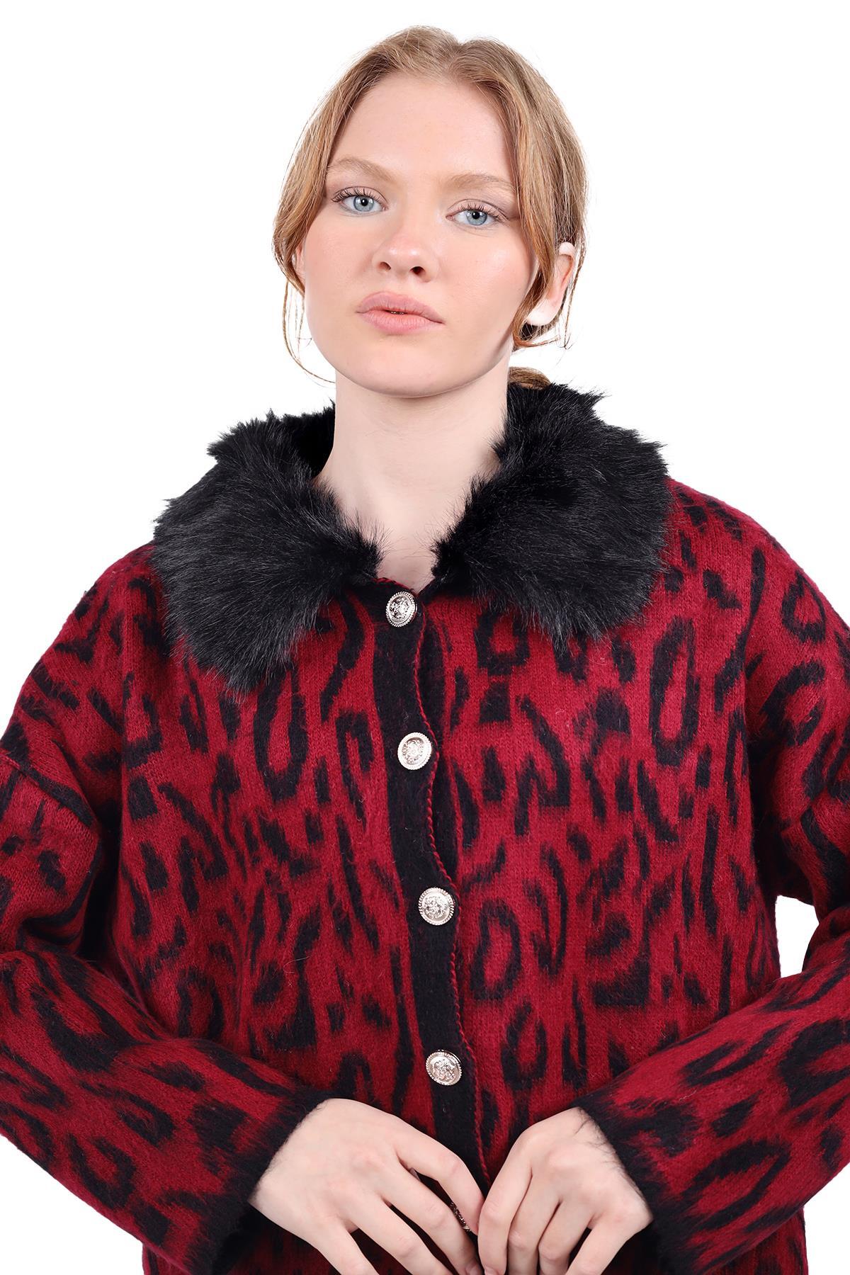 Bordo Leopar Yakası Kürklü Hırka 22288 - 8