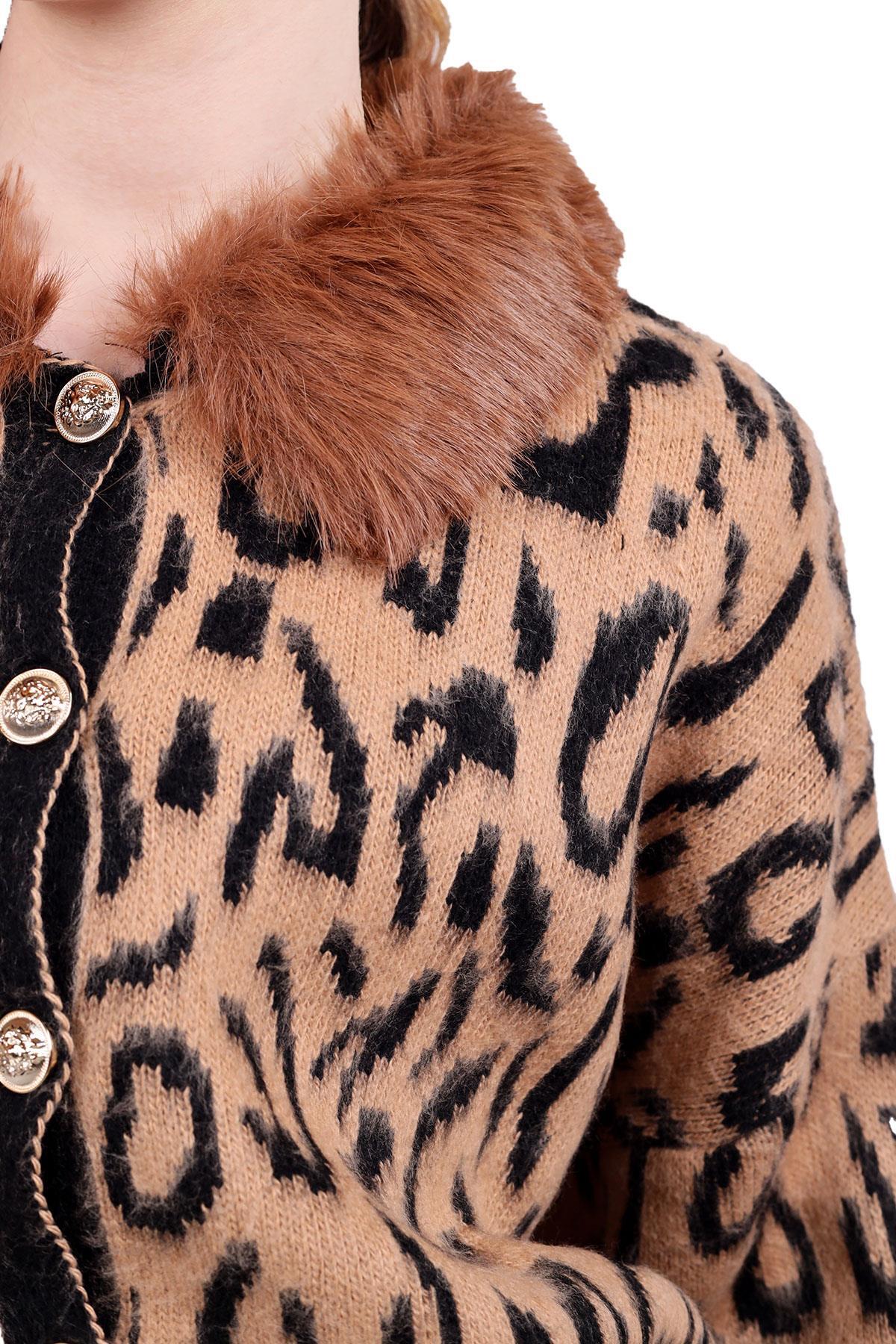 22288 Leopar Yakası Kürklü Hırka Kahve - RAYS