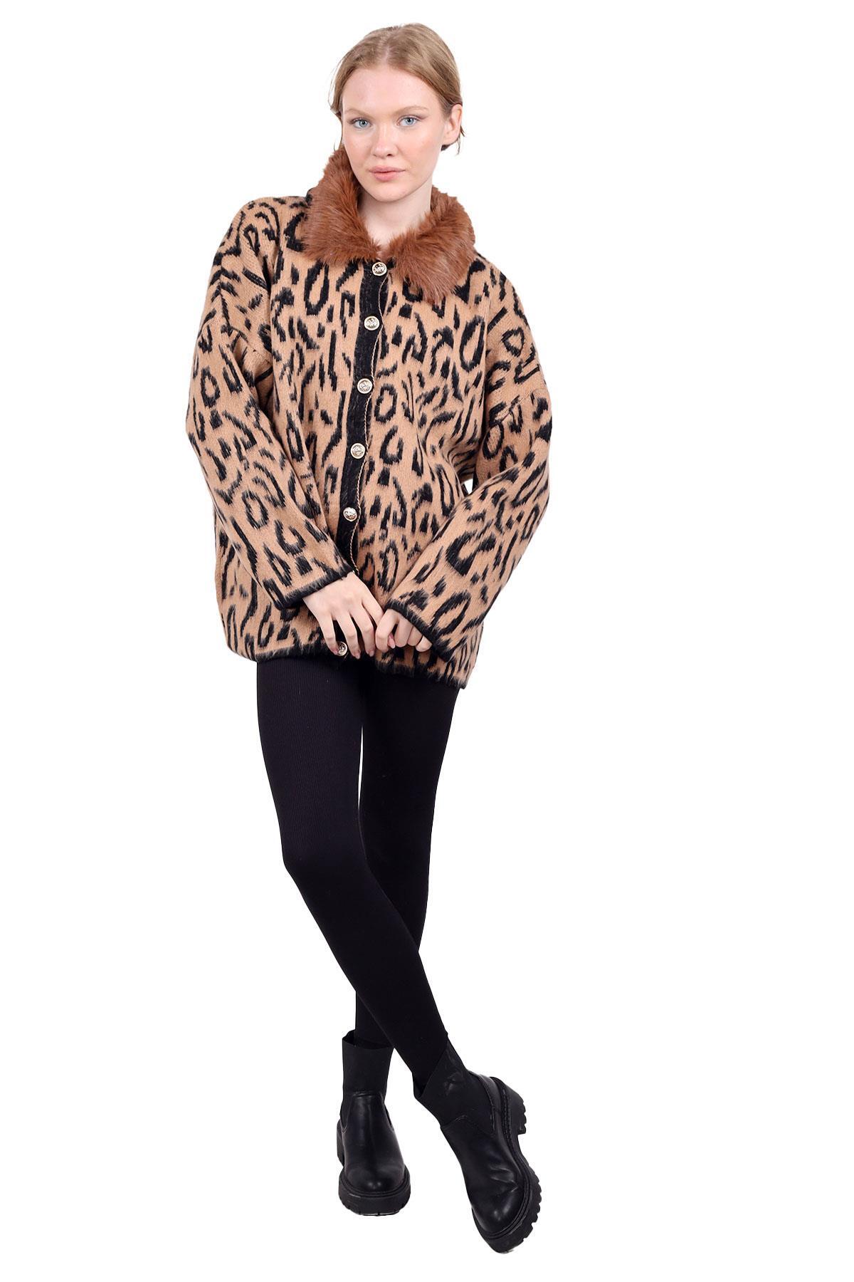 22288 Leopar Yakası Kürklü Hırka Kahve - RAYS